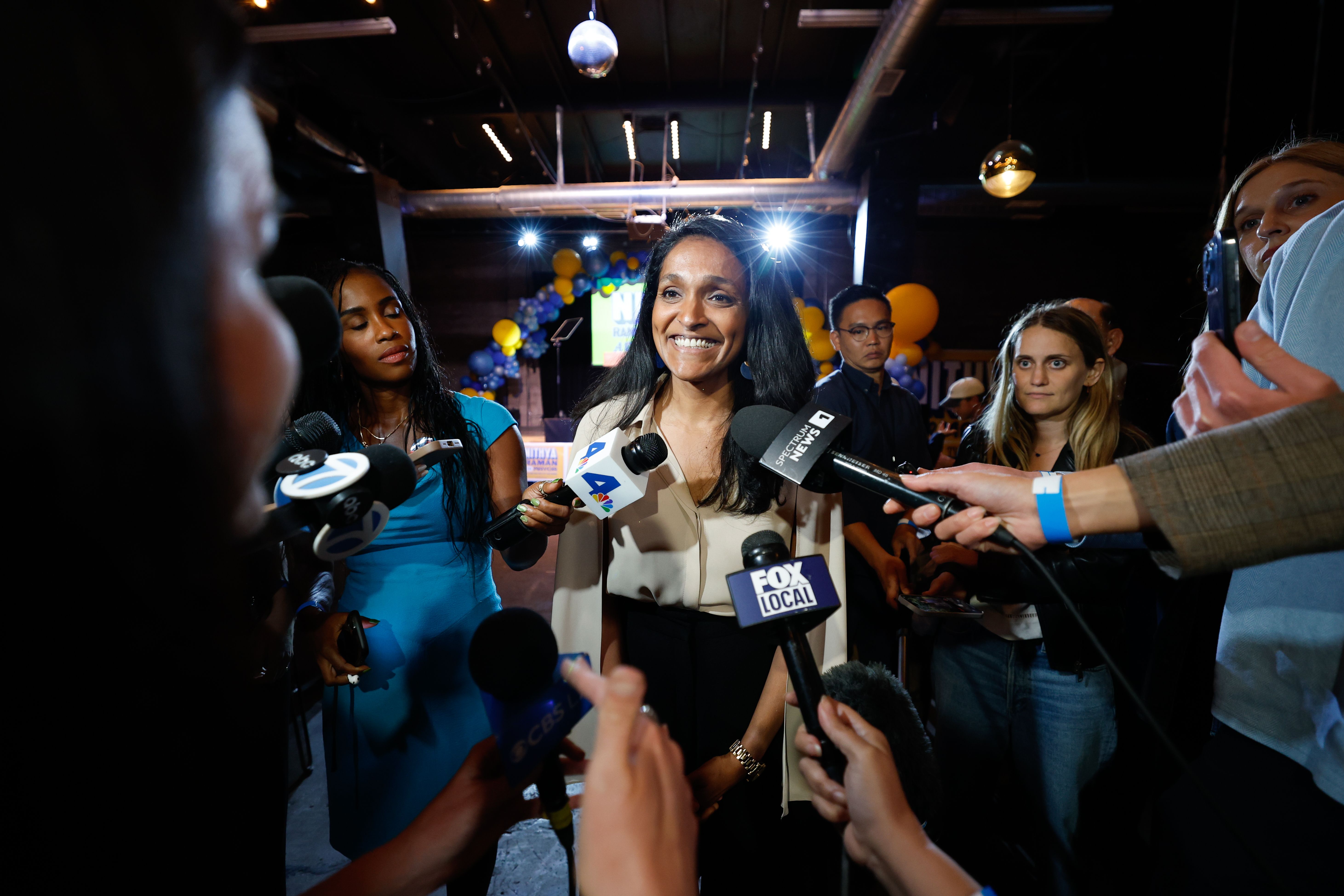 Los Angeles city councilmember Nithya Raman speaks to reporters during her election night party last week.