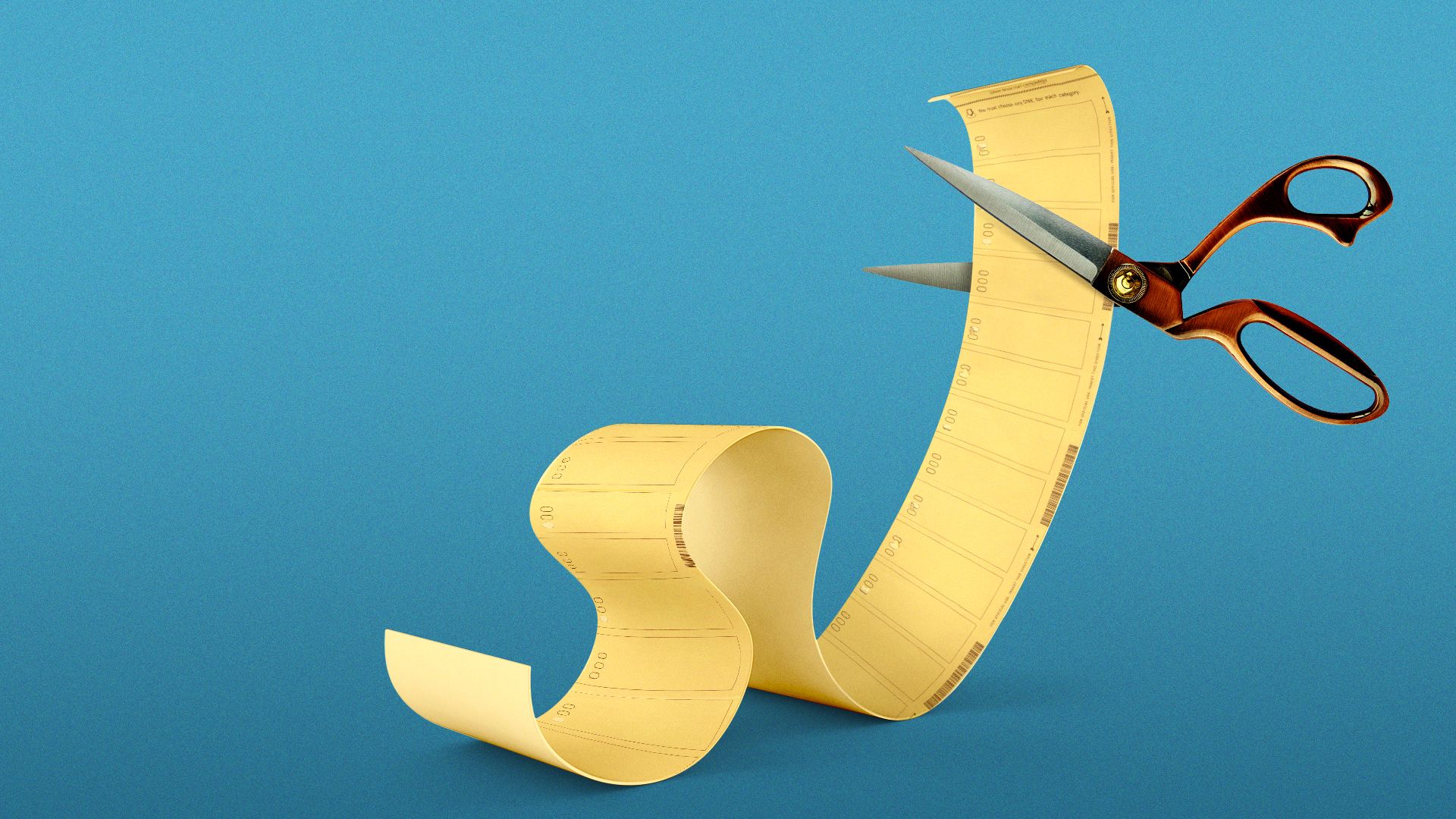 Illustration of a long ballot being cut with a pair of scissors. 