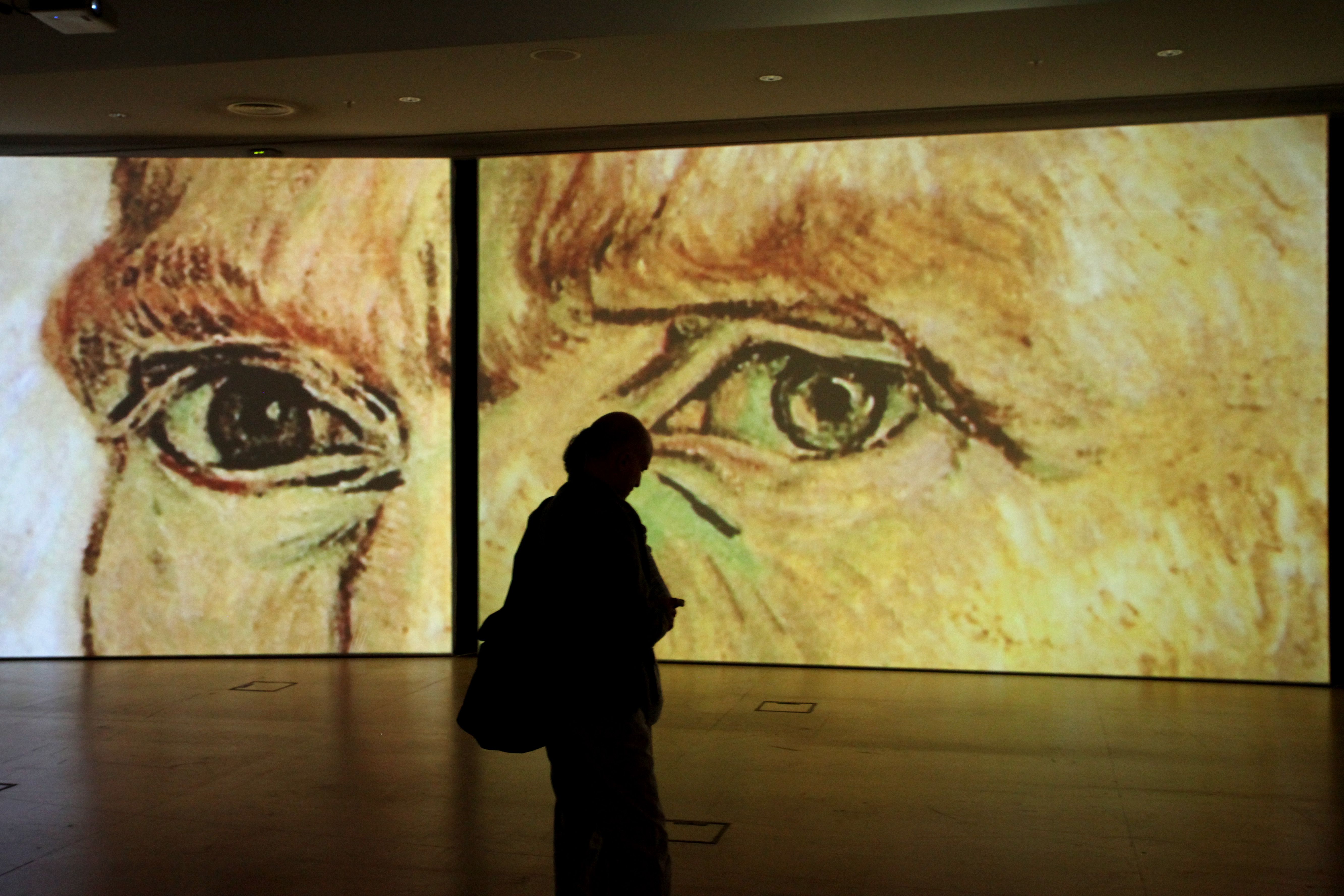 A person is silhouetted as they look down at their phone during the Van Gogh Alive exhibit. 