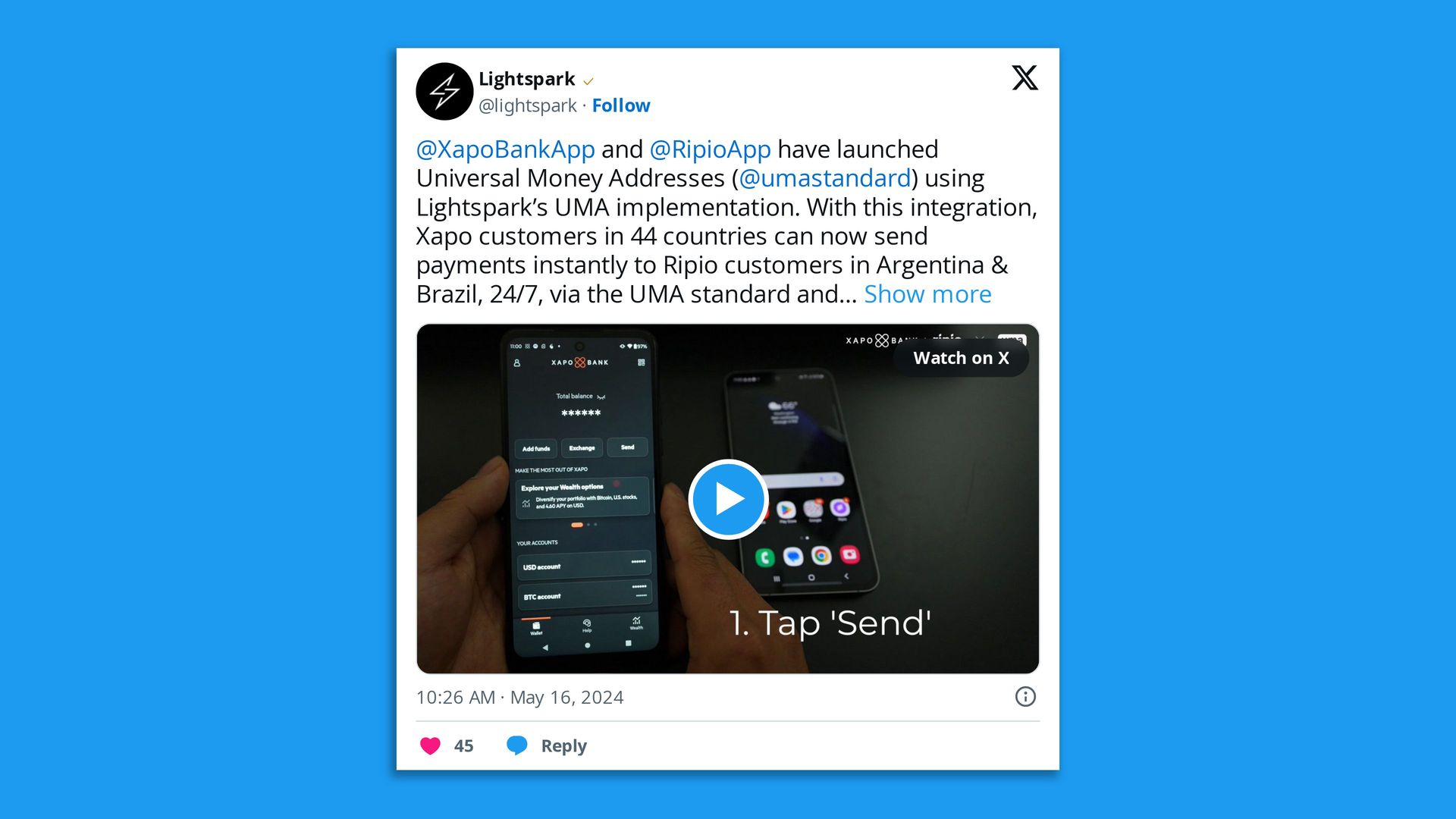 A screenshot of a tweet with an embedded video demonstrating a crypto transaction. 