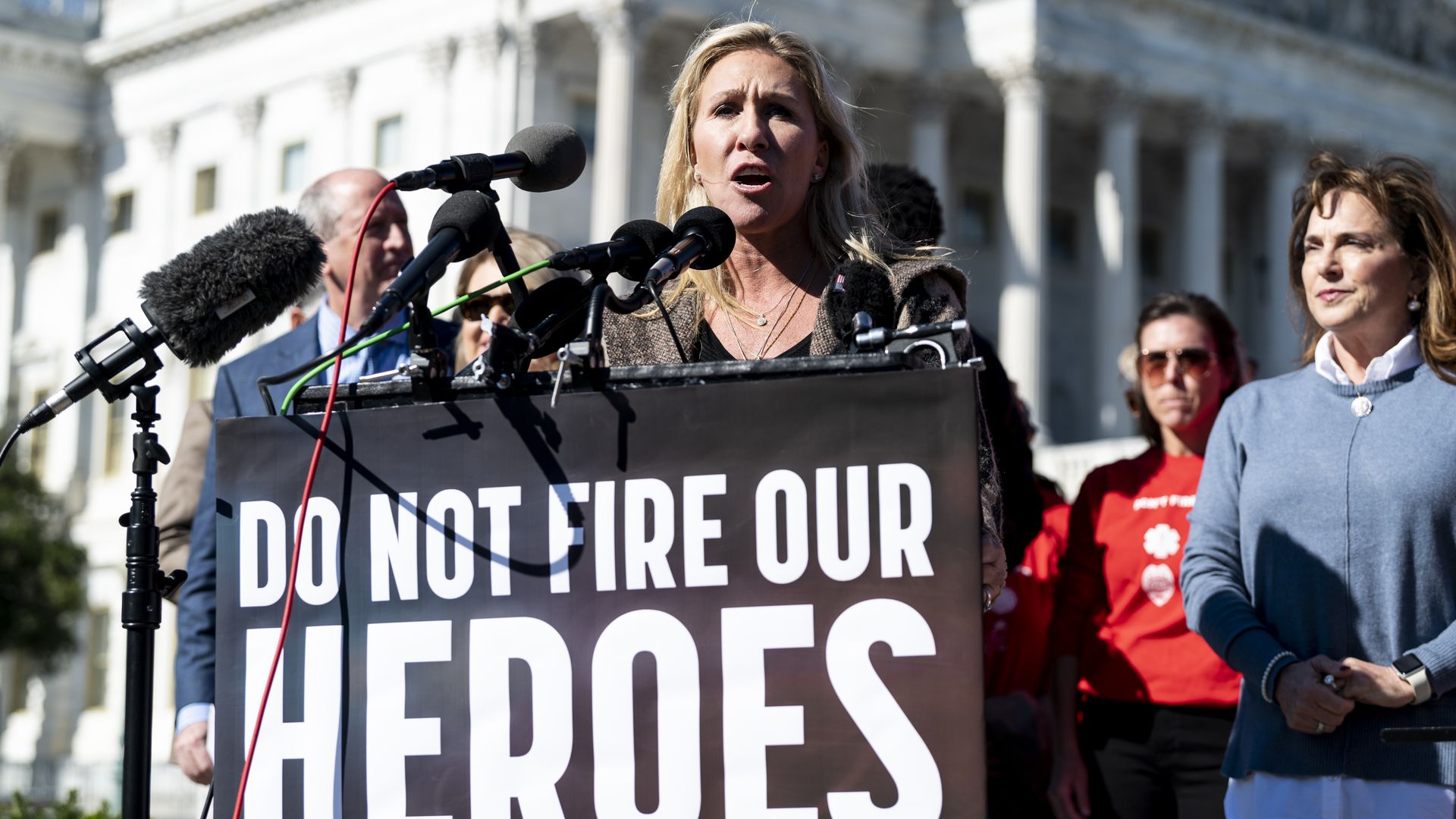 Rep. Marjorie Taylor Greene is seen speaking outside the U.S. Capitol on Monday.