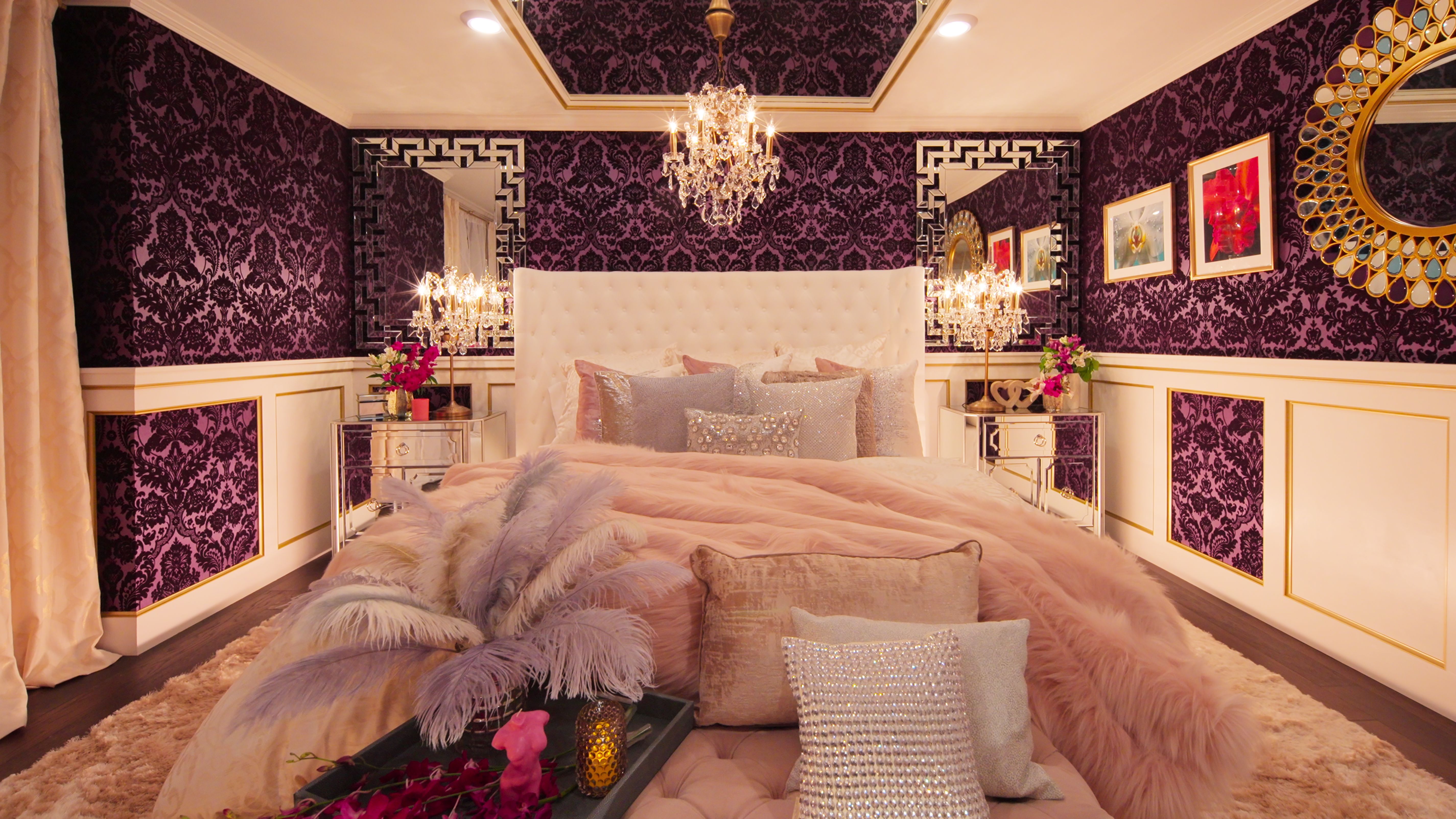 fancy purple and white and gold colored bedroom