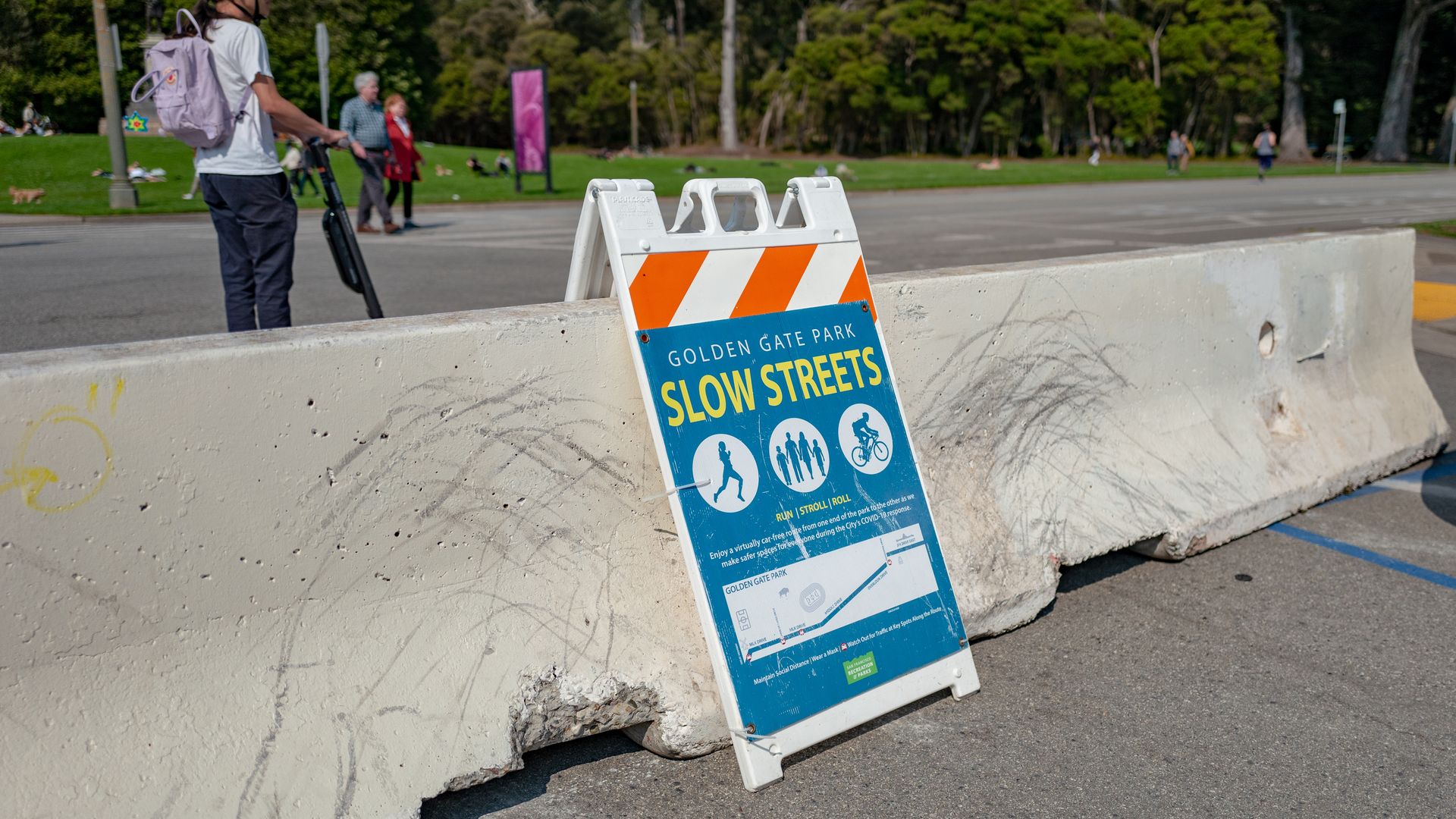 A "slow streets" sign indicating a closed street in San Francisco