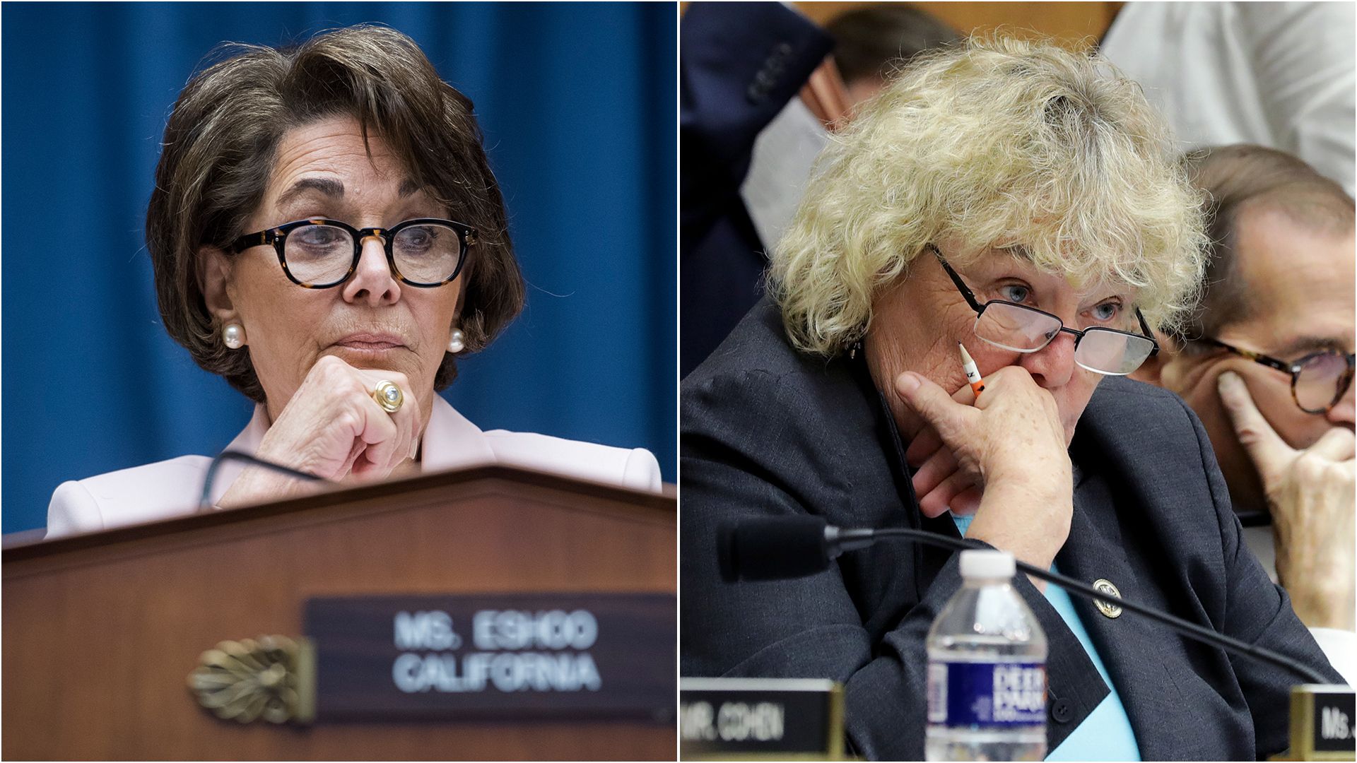 Photo of Rep. Anna Eshoo at a podium next to a photo of Rep. Zoe Lofgren seated at a dais.