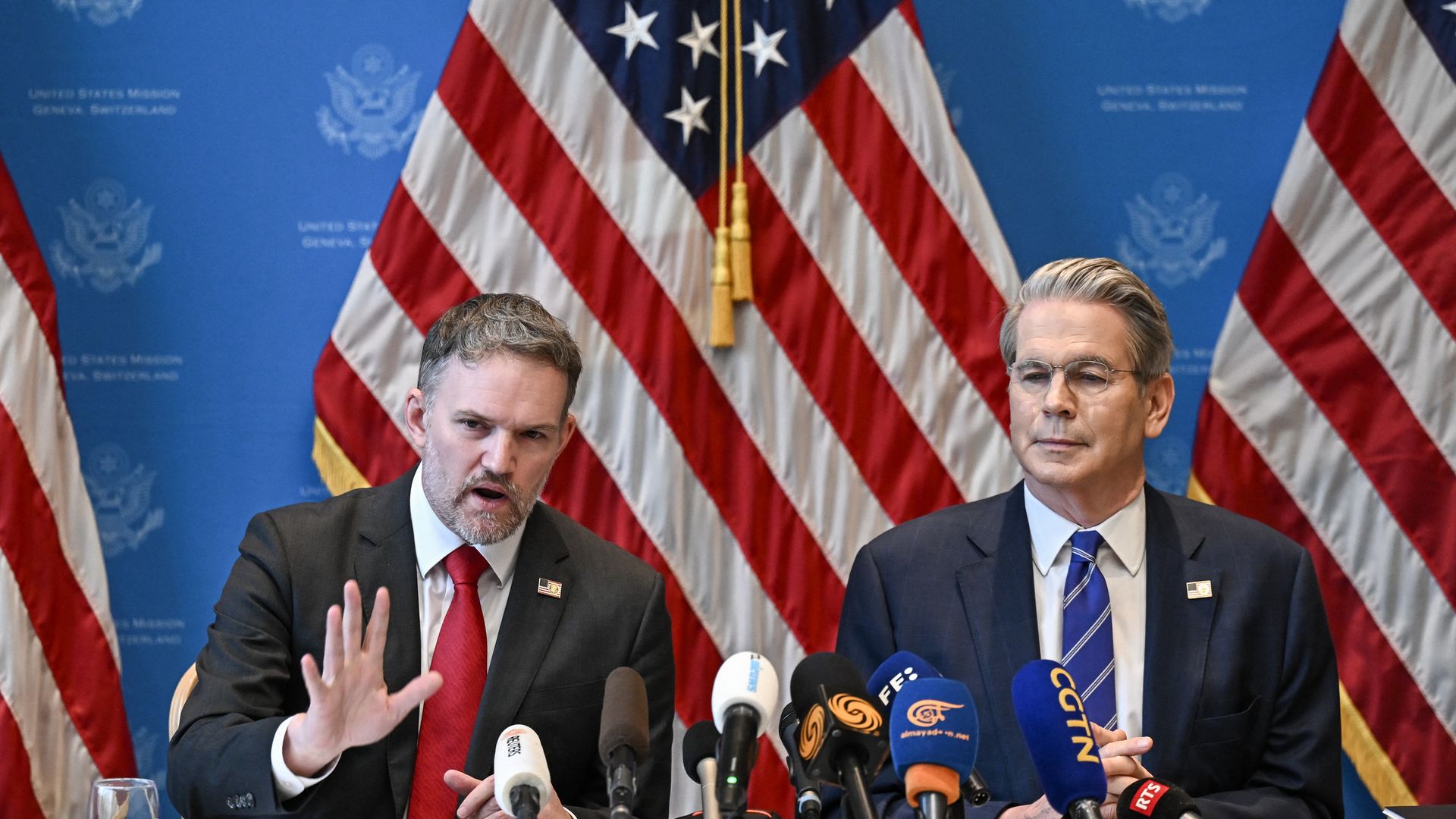U.S. Trade Representative Jamieson Greer and Treasury Secretary Scott Bessent address reporters in Geneva.