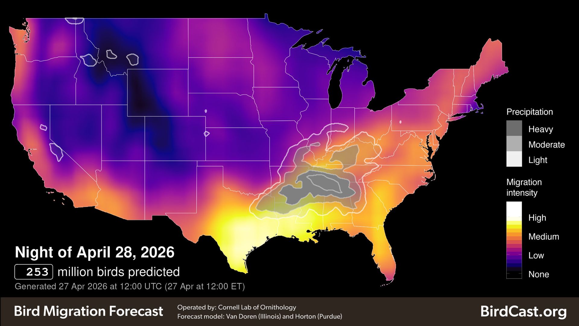 Colorful North American map showing the BirdCast migration forecast for the night of April 28, 2026. A purple-to-yellow gradient indicates migration intensity and precipitation; 253 million birds predicted.