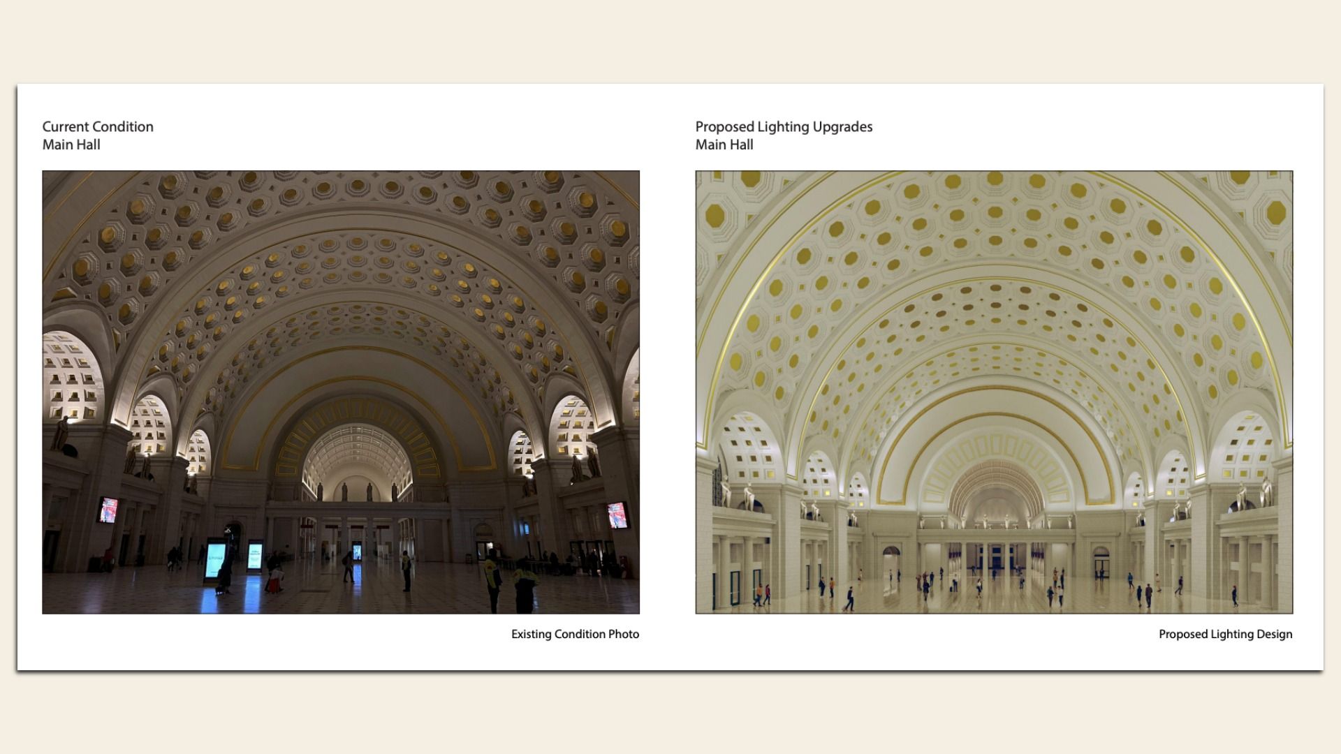 Side-by-side images of a main hall under dim current lighting and bright proposed lighting, revealing more architectural details and a warmer, gold-accented ceiling in the upgrade.