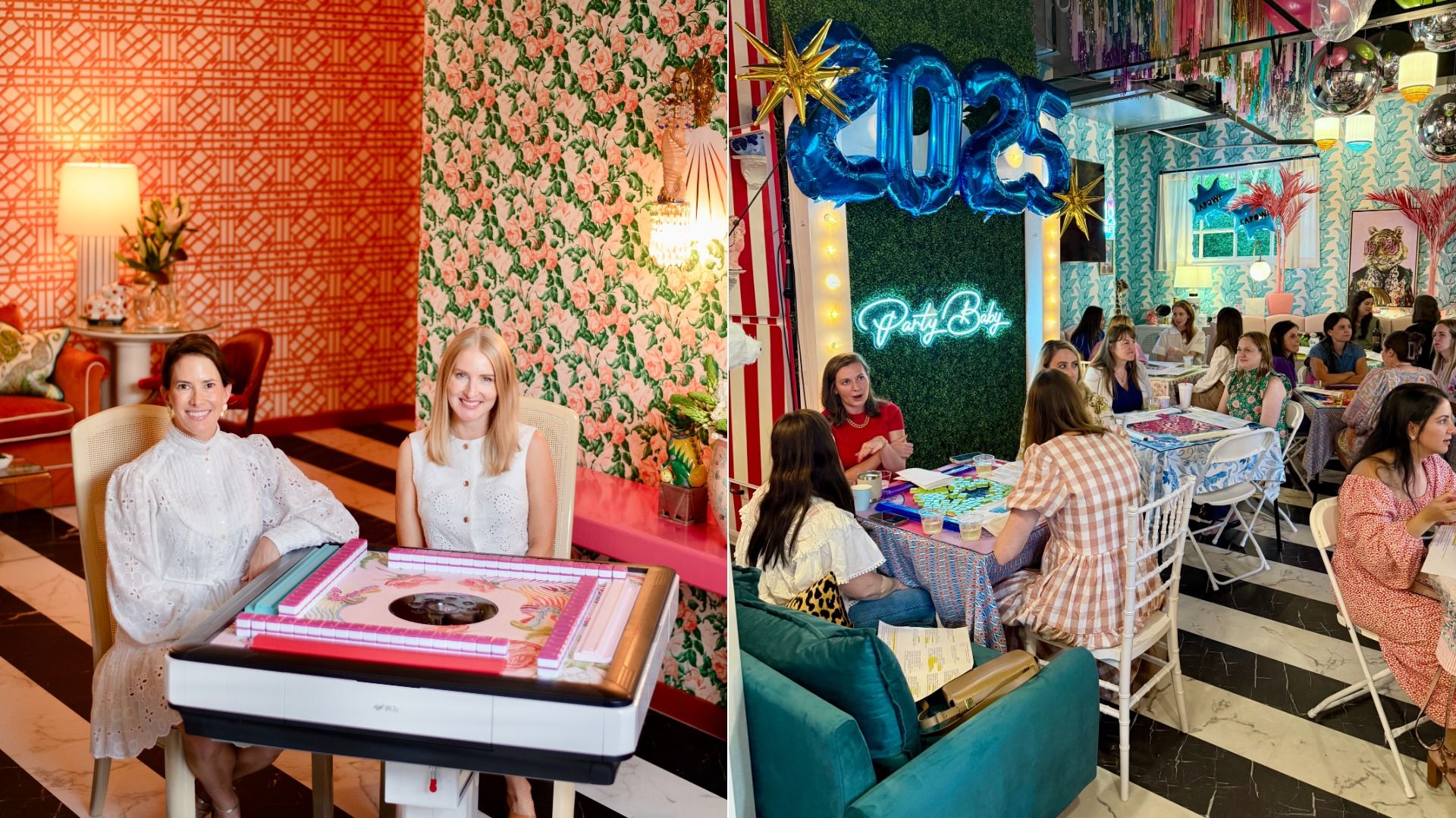 Two photos of people sitting at mahjong tables. 