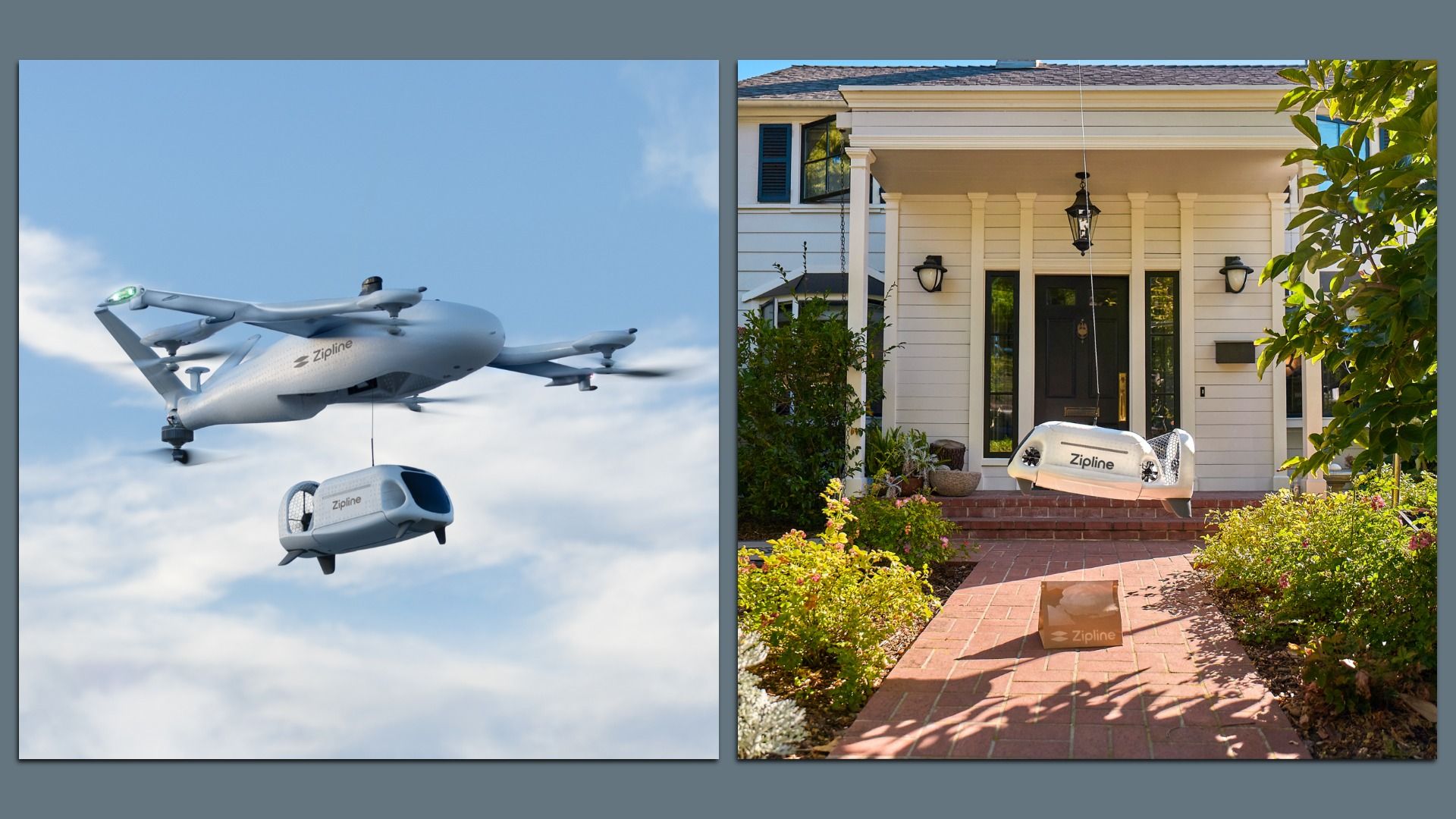 Two-panel image: left shows a white Zipline delivery drone in flight carrying a Zipline pod against a blue sky; right shows a white house porch with a Zipline capsule on a brick walkway amid greenery.