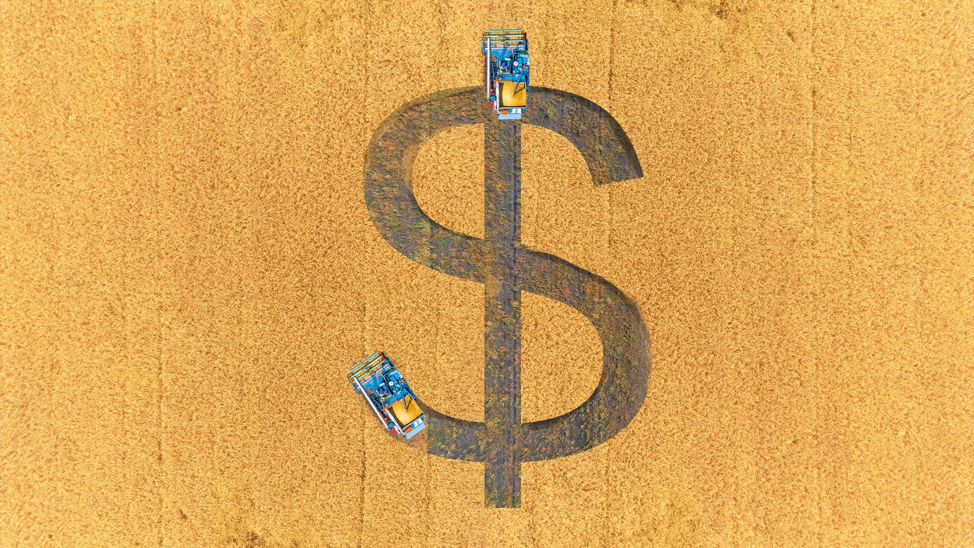 An illustration of a money sign being mowed into a corn field.