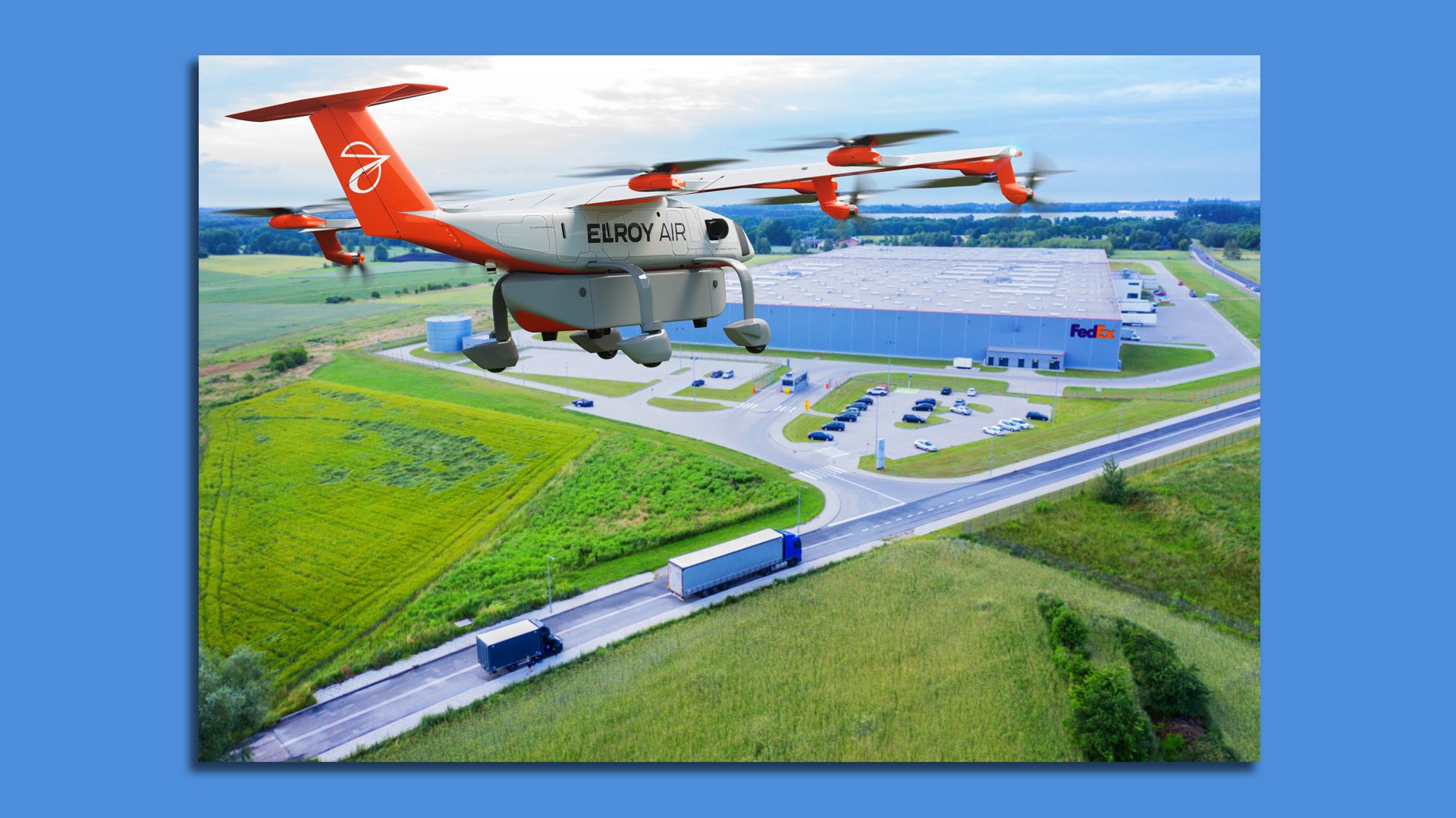 Image of a self-flying Elroy Air cargo plane approaching a Fed Ex warehouse