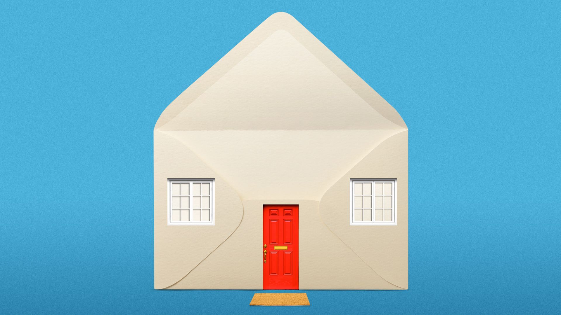 Illustration of an open envelope stylized as a house with a door, windows and a welcome mat.   