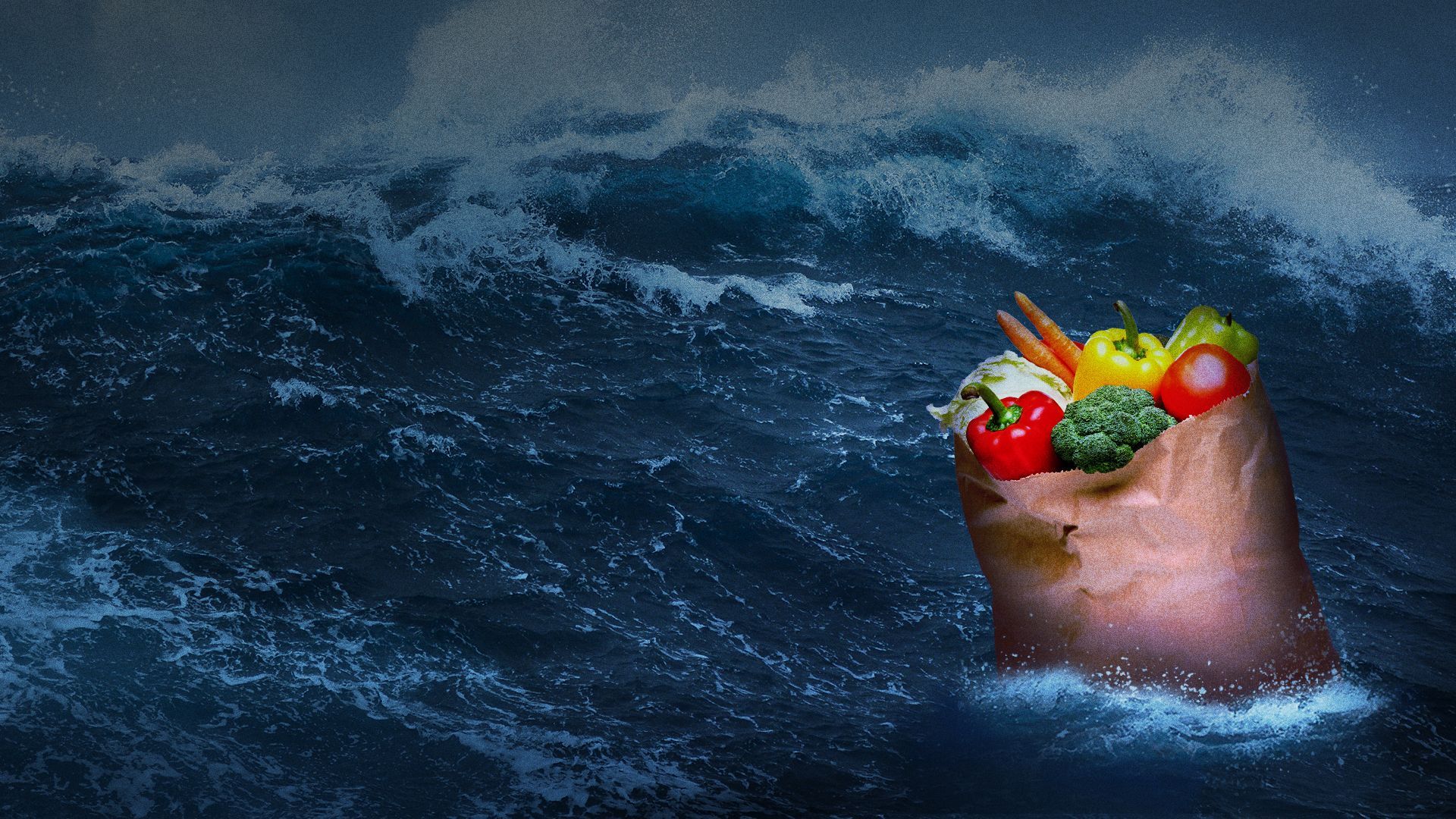 Illustration of a bag of groceries floating in the ocean during a storm.
