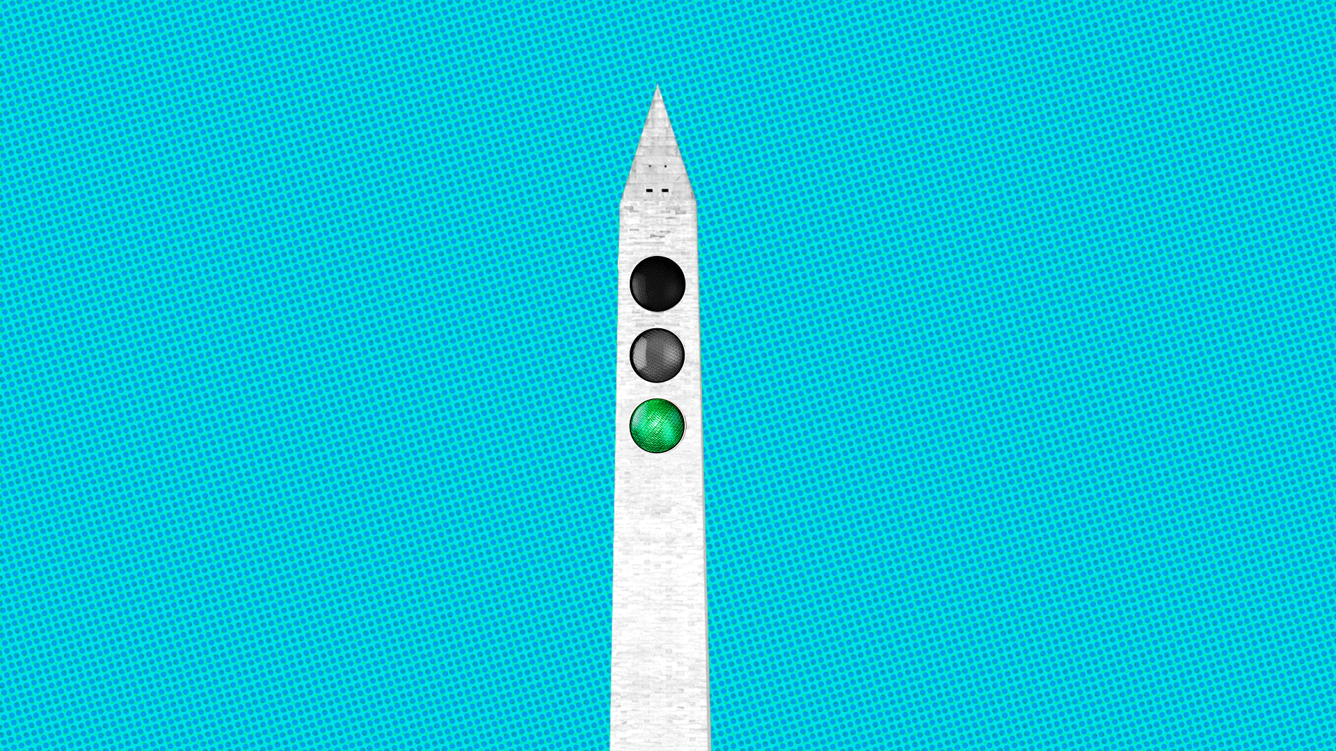 Animated illustration of the Washington Monument with a traffic signal embedded into the monument alternating between a green, yellow and red light. 