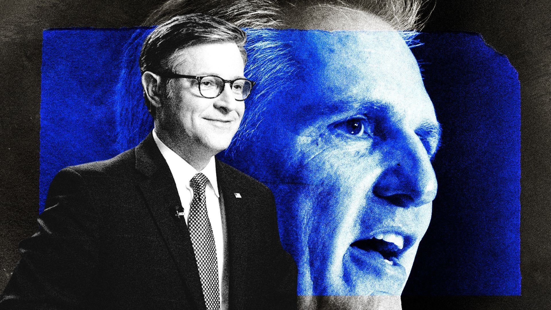 Photo illustration of Speaker of the House Mike Johnson in front of a large photo of Speaker Emeritus Kevin McCarthy