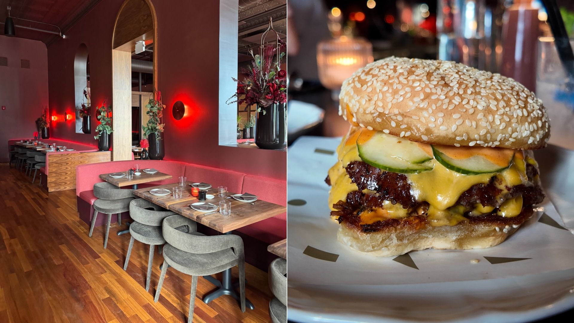 Side-by-side images: modern restaurant interior with red walls, wooden floors, and tables set; close-up of a cheeseburger with sesame bun, pickles, cheese, and sauce on a plate.