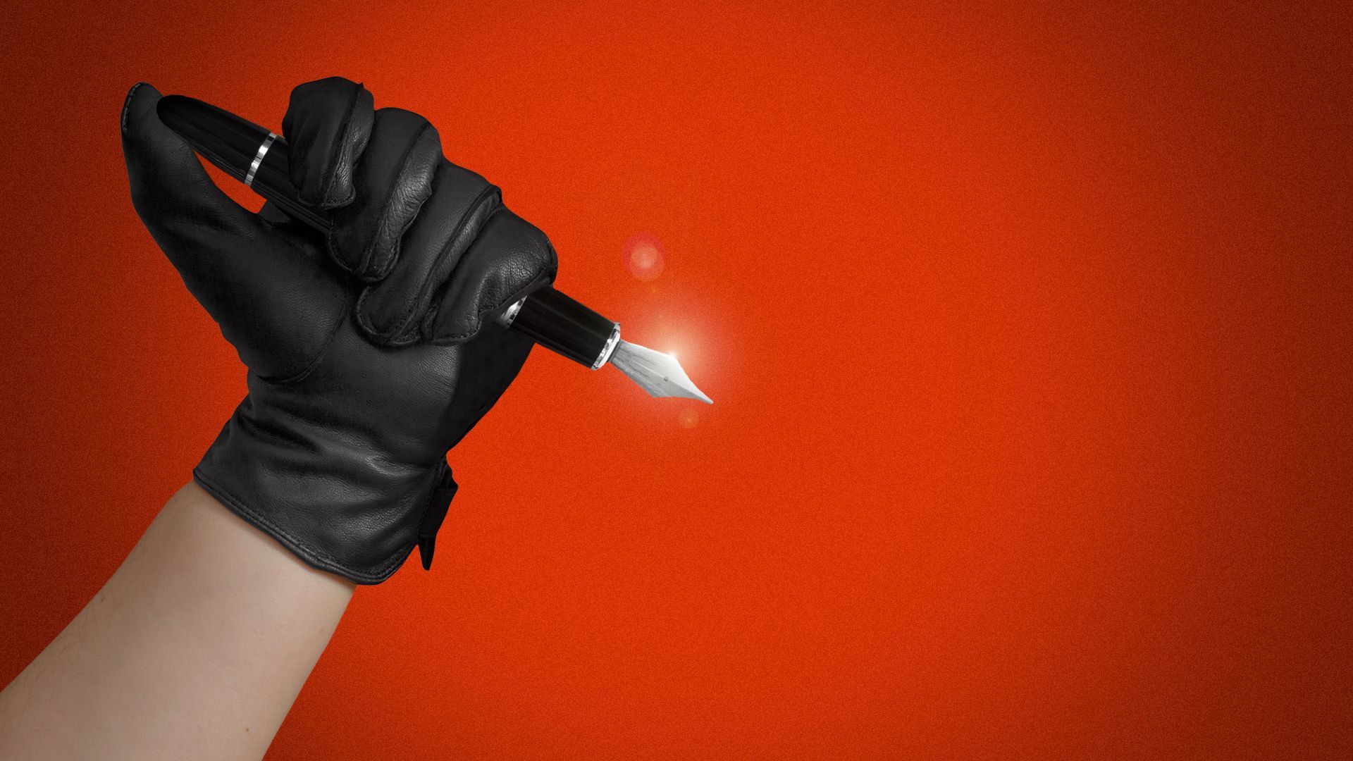 Illustration of a hand wearing a black glove holding a fountain pin like a knife as if to stab something. 