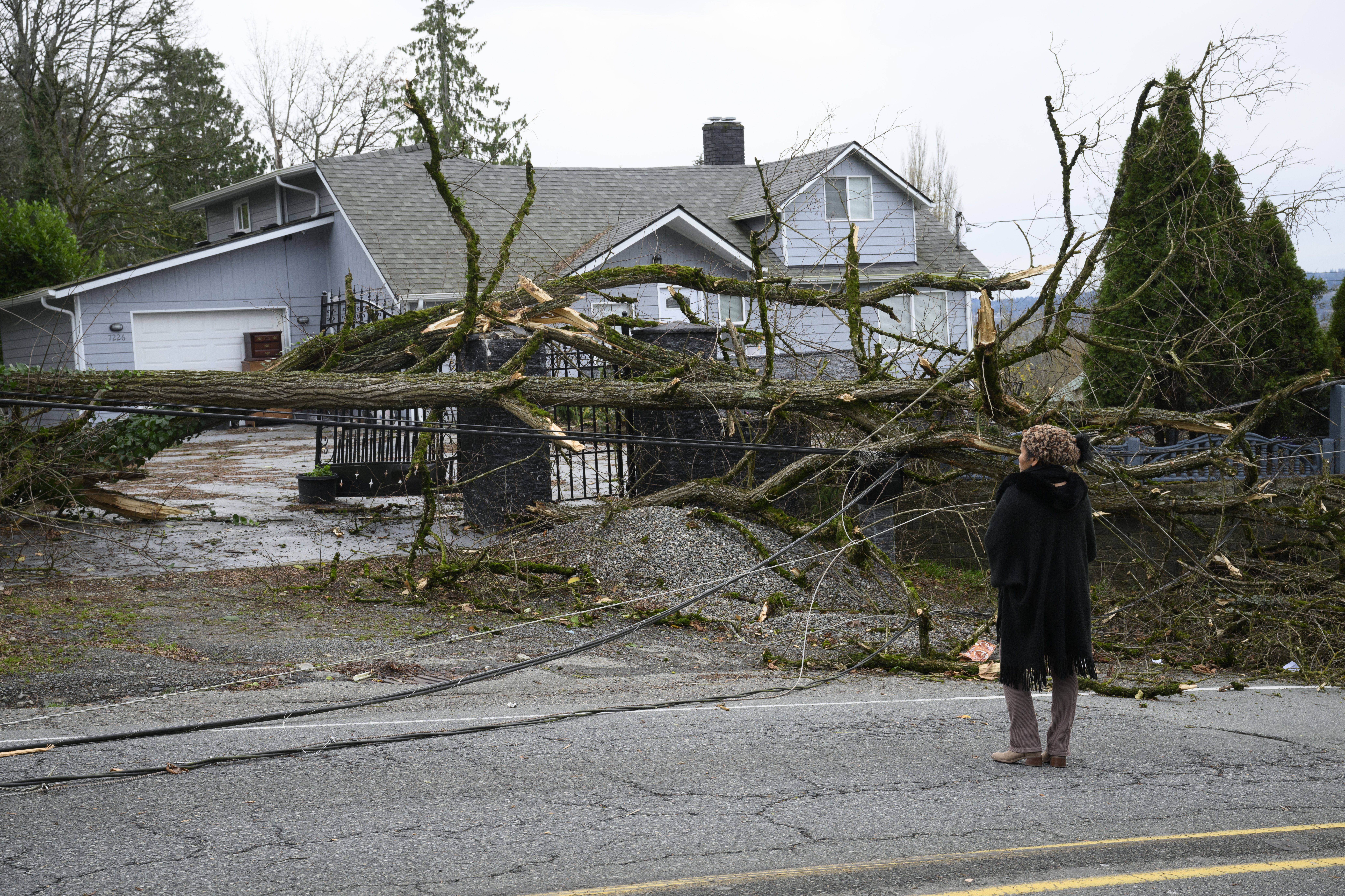 Resident Tiffani Palpong stands in front of her property where her 20 year-old son Logan was still trapped by downed power lines and trees on November 20, 2024 in Lake Stevens, Washington.