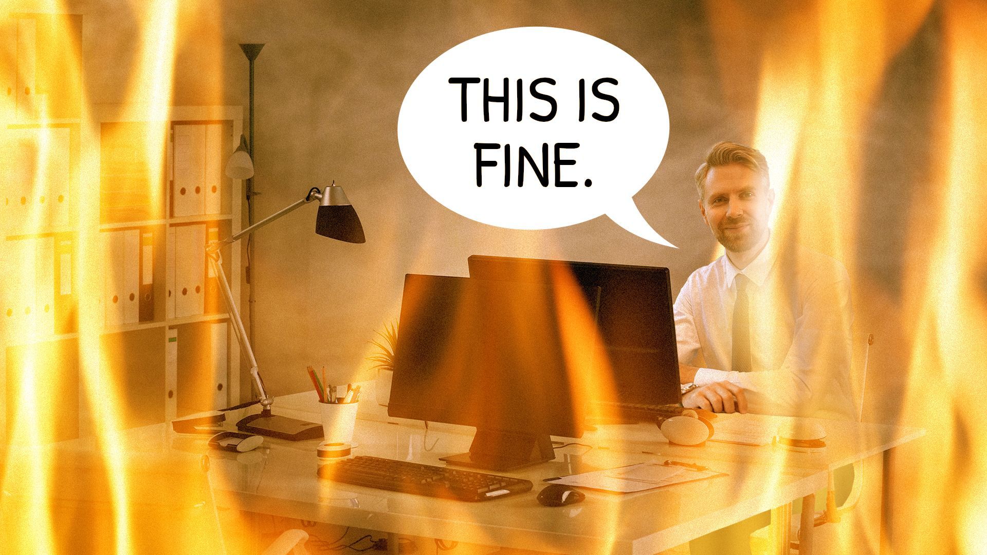 Illustration of a federal worker with the "this is fine" meme