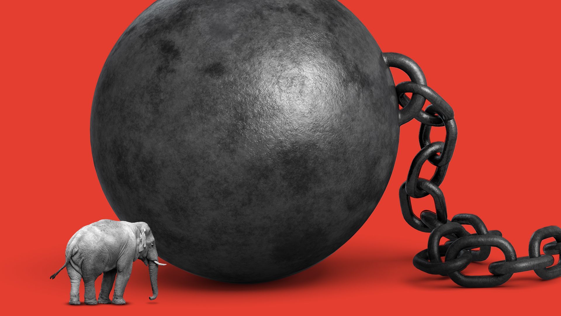 Illustration of a small elephant next to a giant ball and chain. 