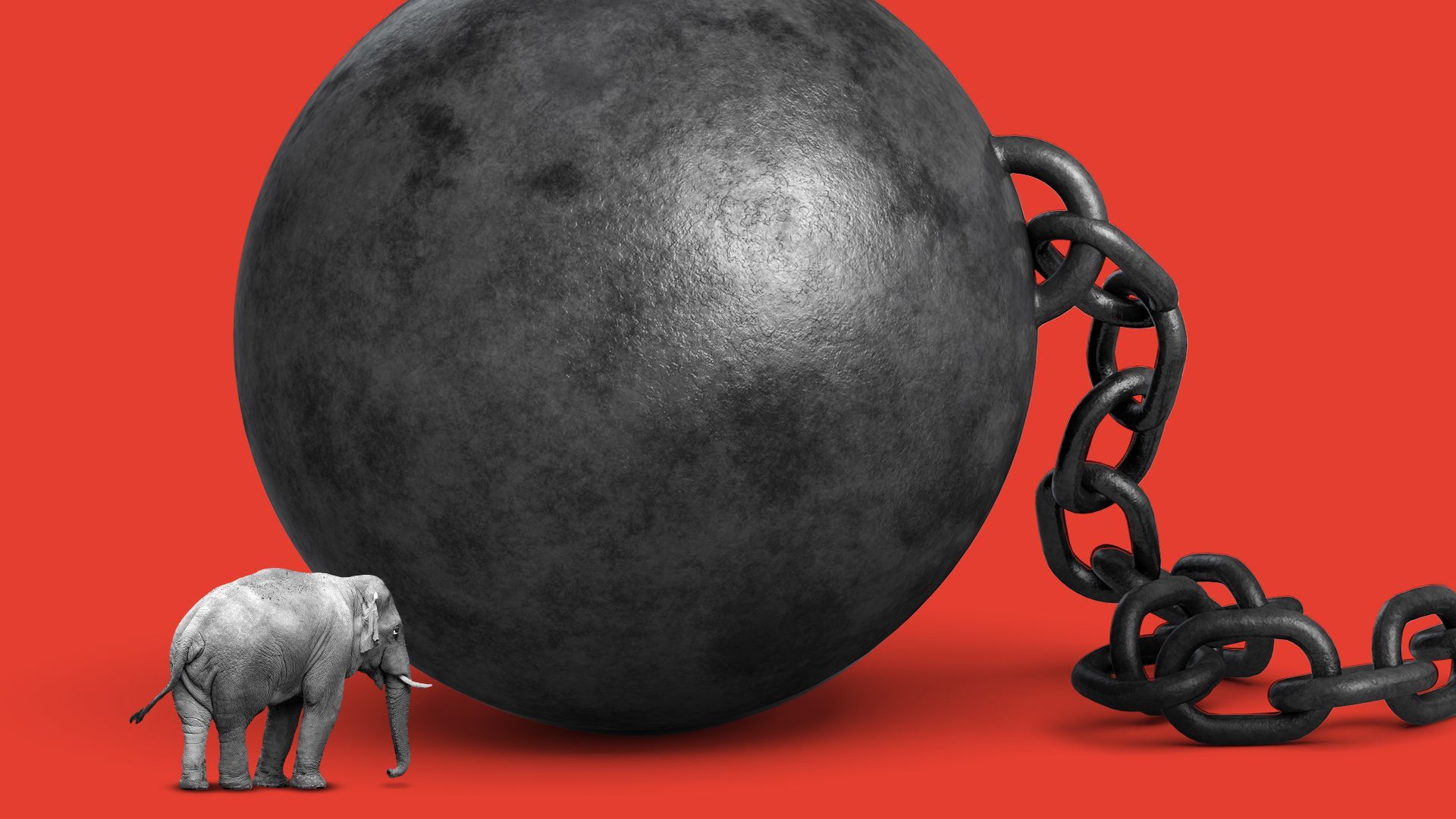 Illustration of a small elephant next to a giant ball and chain.