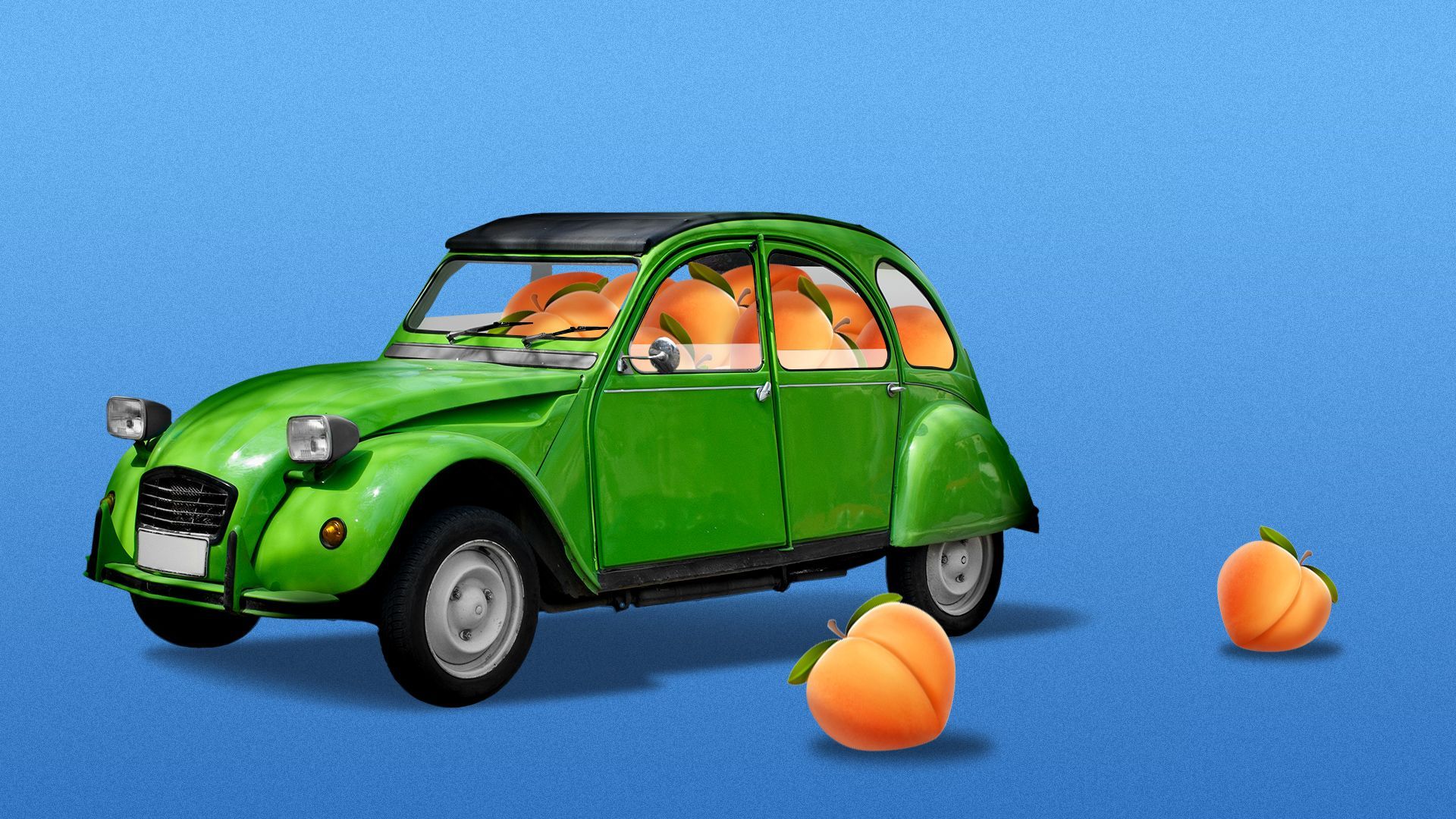 Illustration of a car full of peach emojis with a few falling outside of the window. 