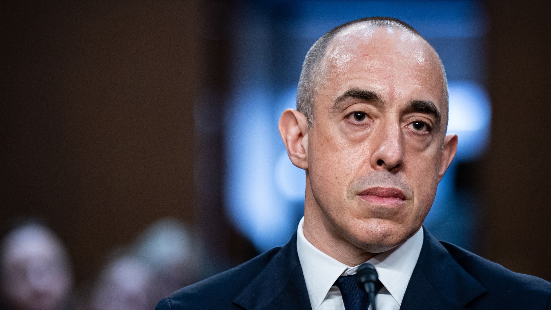 Emil Bove looks on in a suit during a hearing before a Senate panel (not pictured).