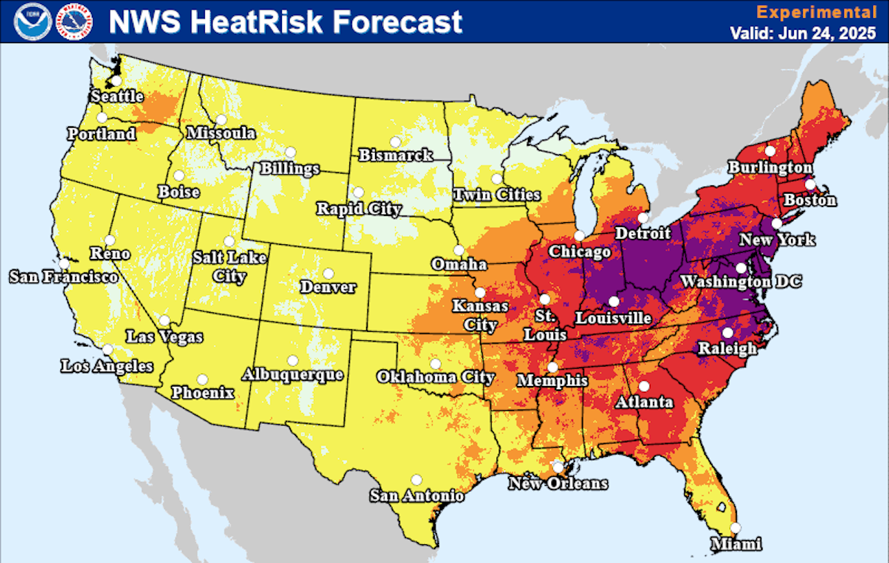 A map showing the NWS HeatRisk forecast