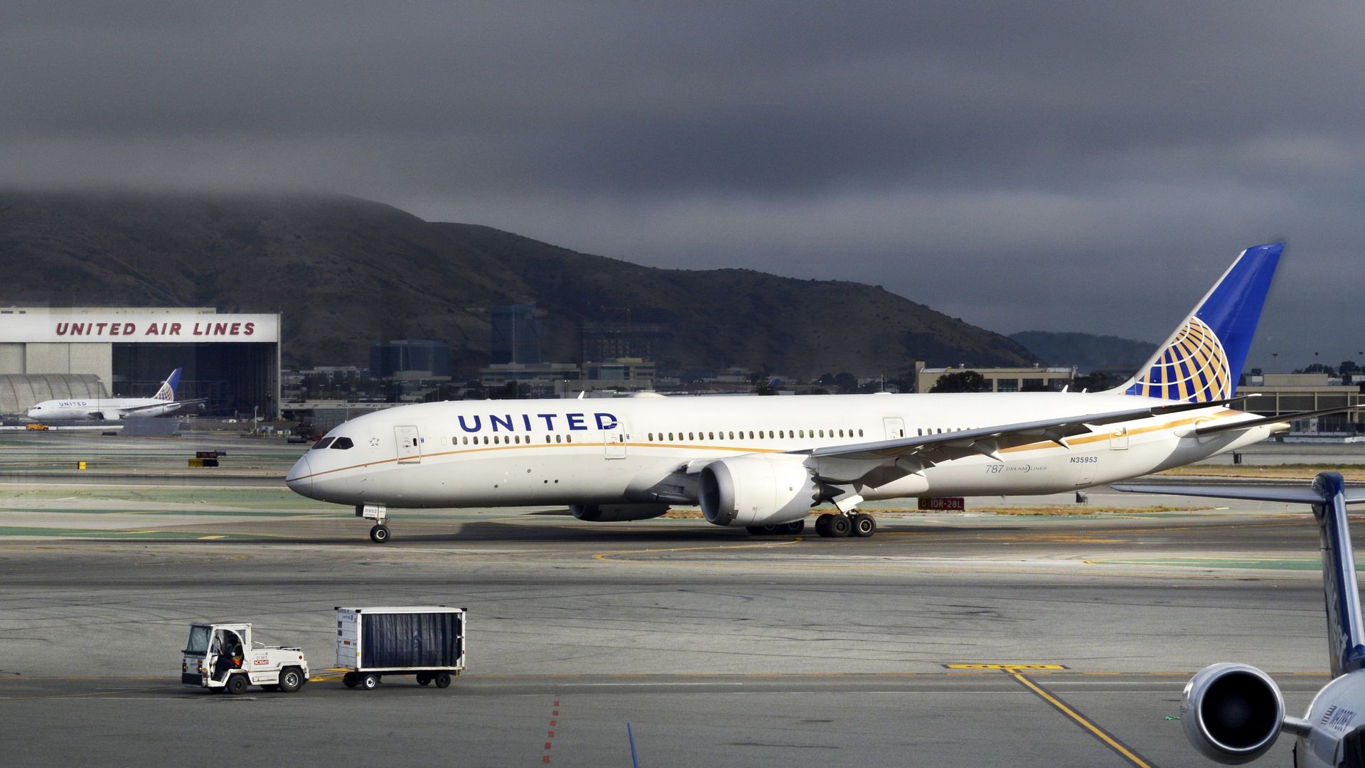 United Boeing 787 aircraft seen on the ground.