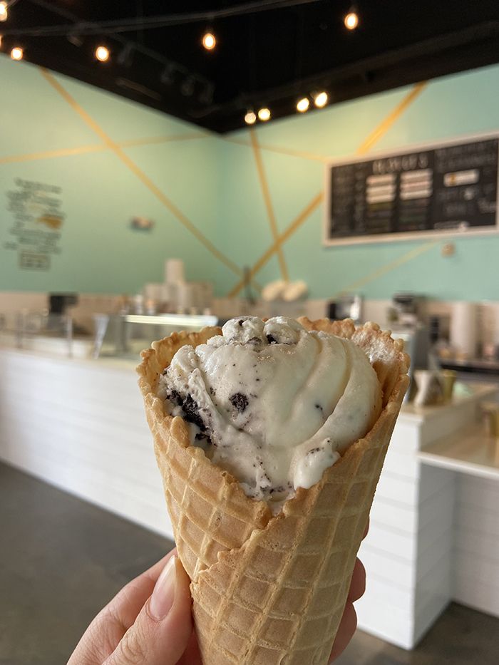 Golden Cow Creamery salted Oreo in a waffle cone at the SouthPark location.