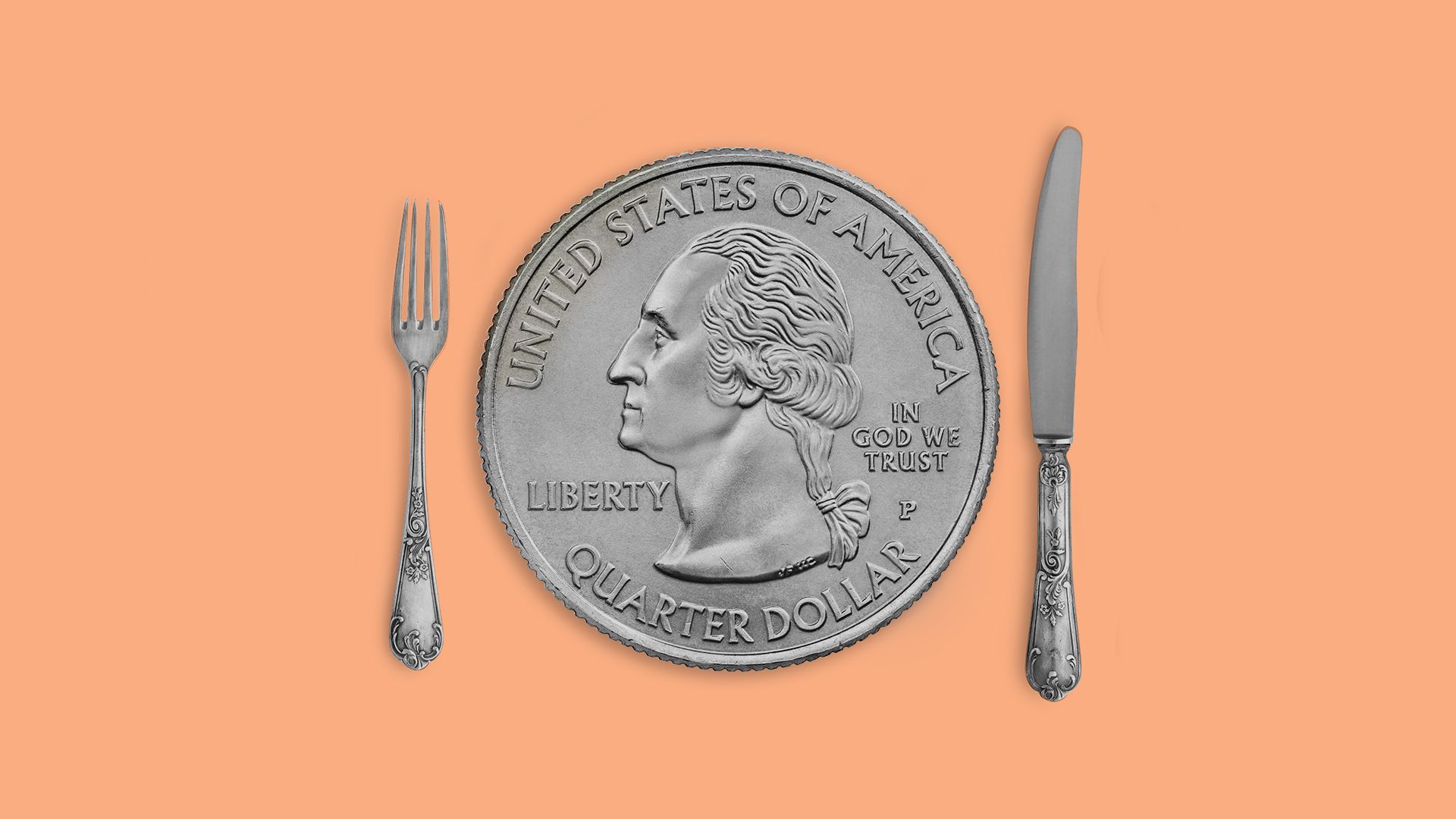 Illustration of a quarter as a plate with a fork and knife on either side. 