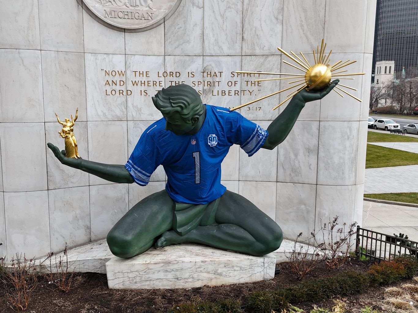 Spirit of Detroit statue dons Lions jersey Axios Detroit