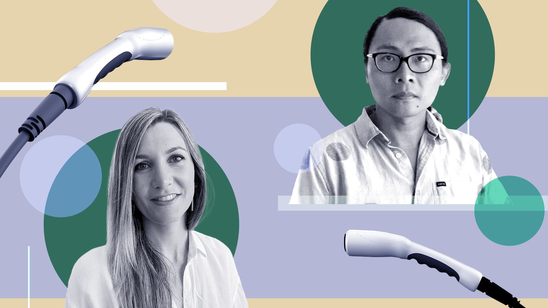 Photo illustration of Tom Chi and Laurie Menoud with EV chargers and abstract shapes.