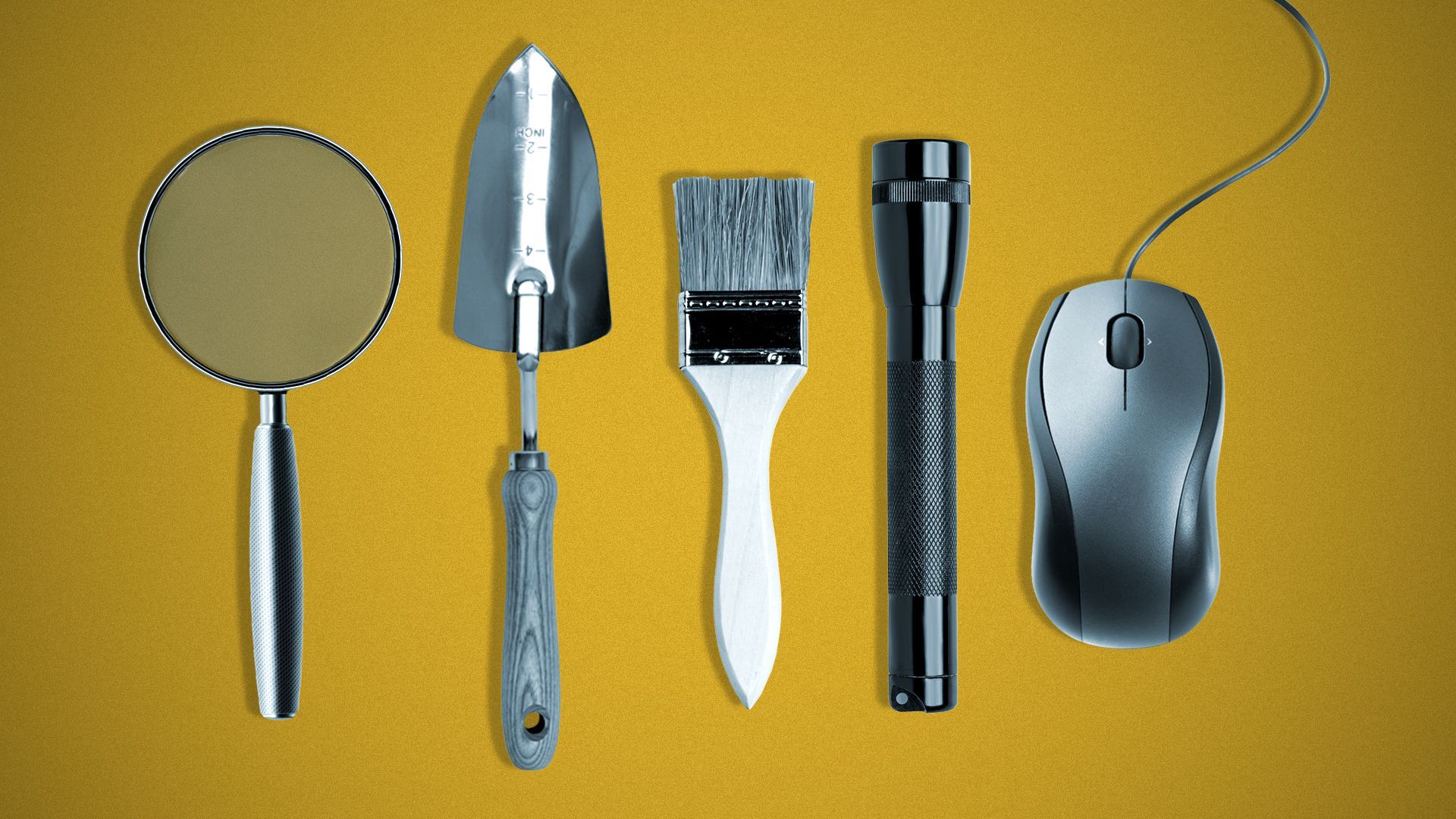 Illustration of a magnifying glass, trowel, brush, flashlight and computer mouse.