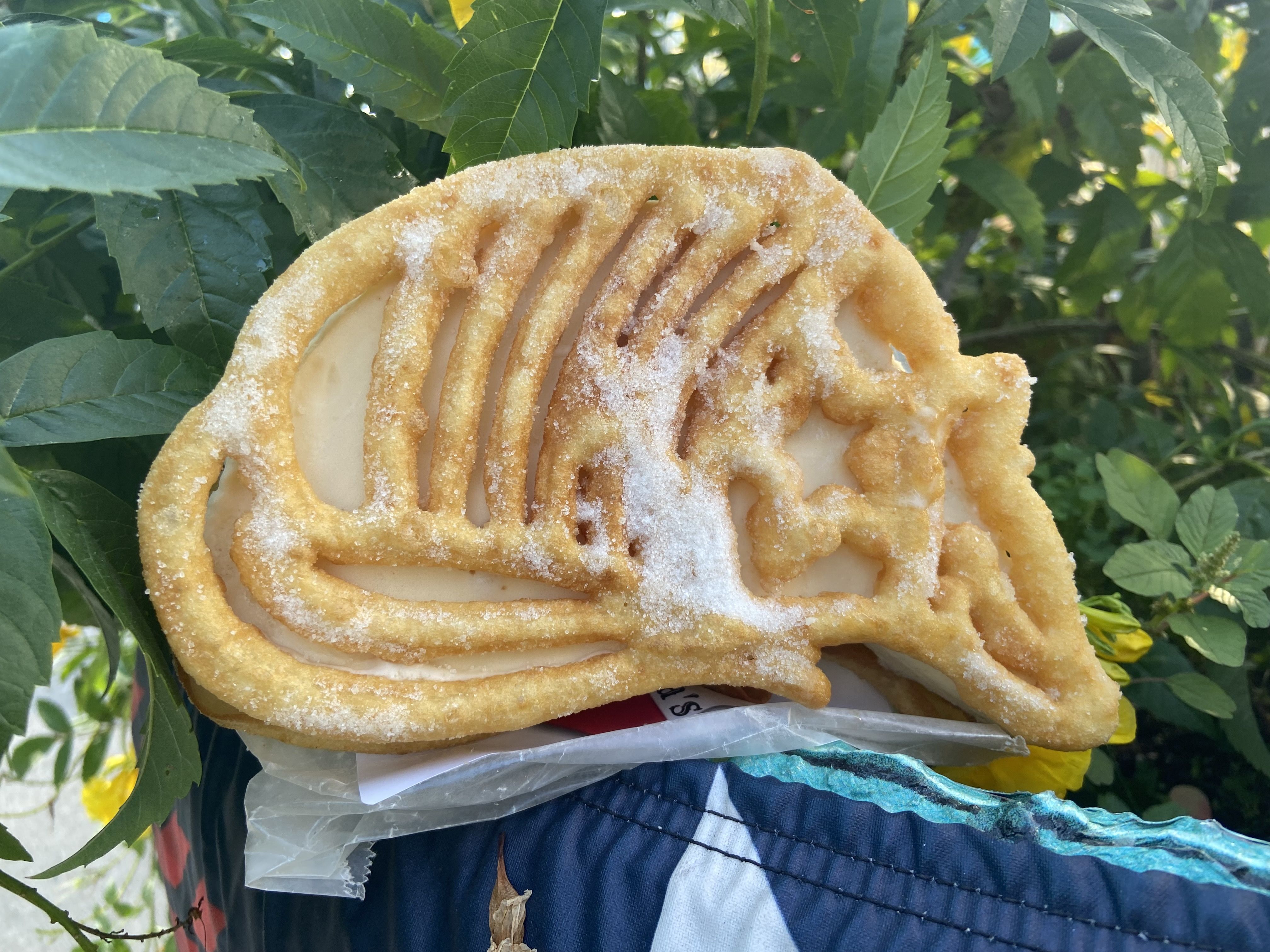 Golden fried armadillo shaped ice cream sandwich