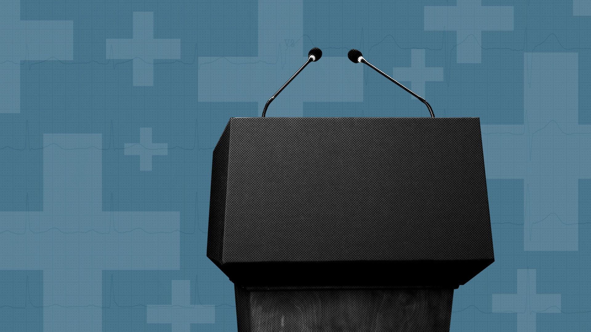a podium in front of a blue background made of EKG charts and health pluses