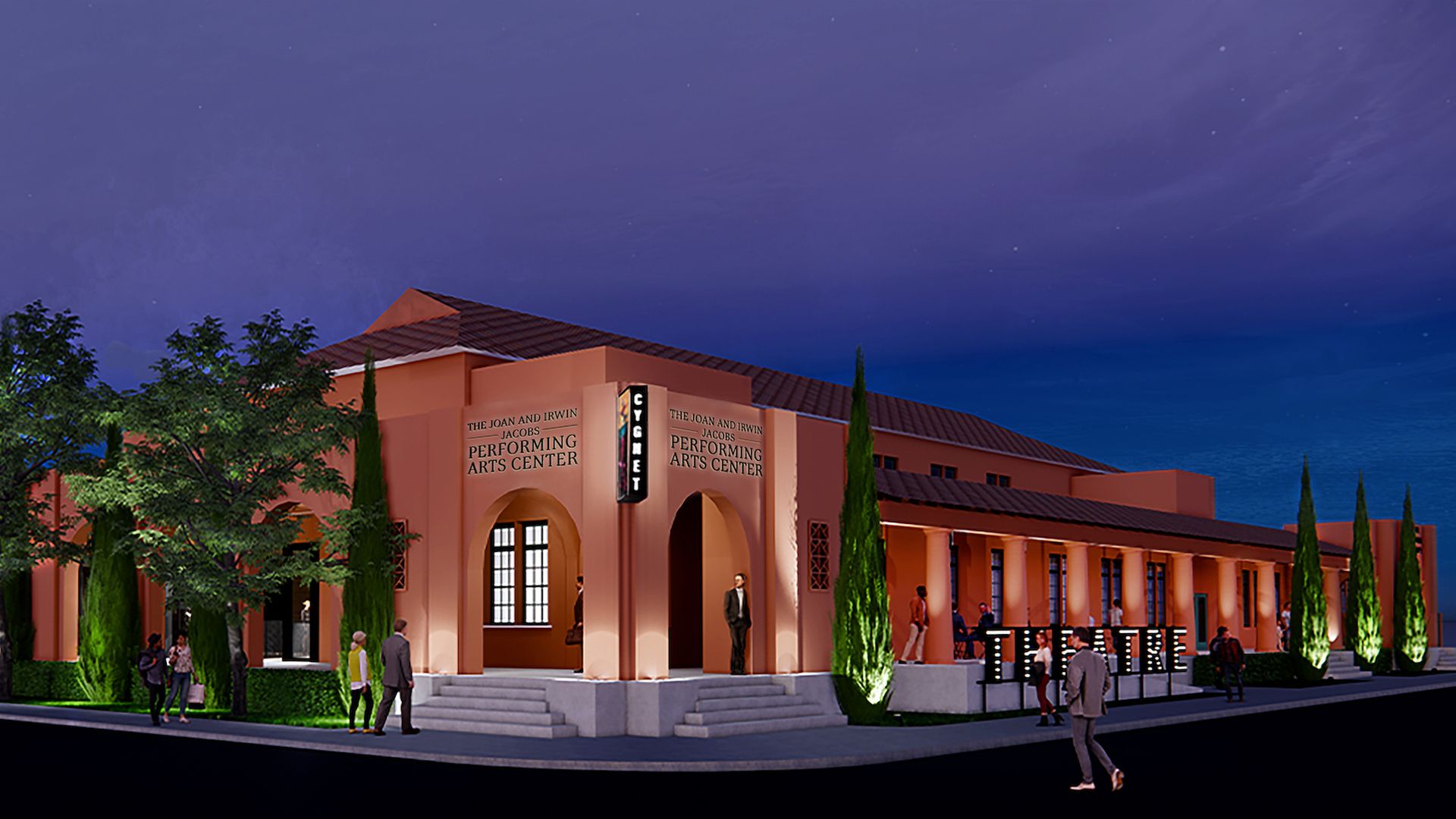 A rendering of a performing arts theater at night.