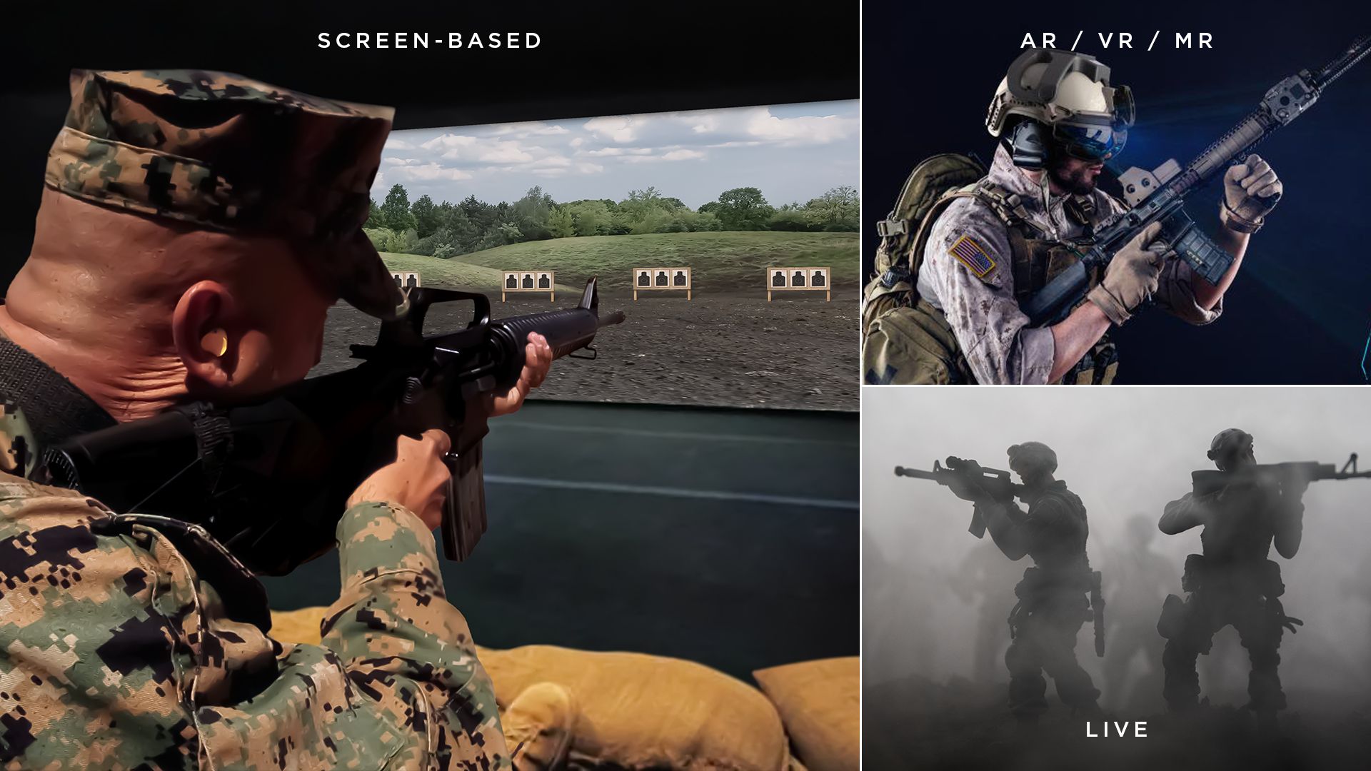Image is three photos of military members training with guns.