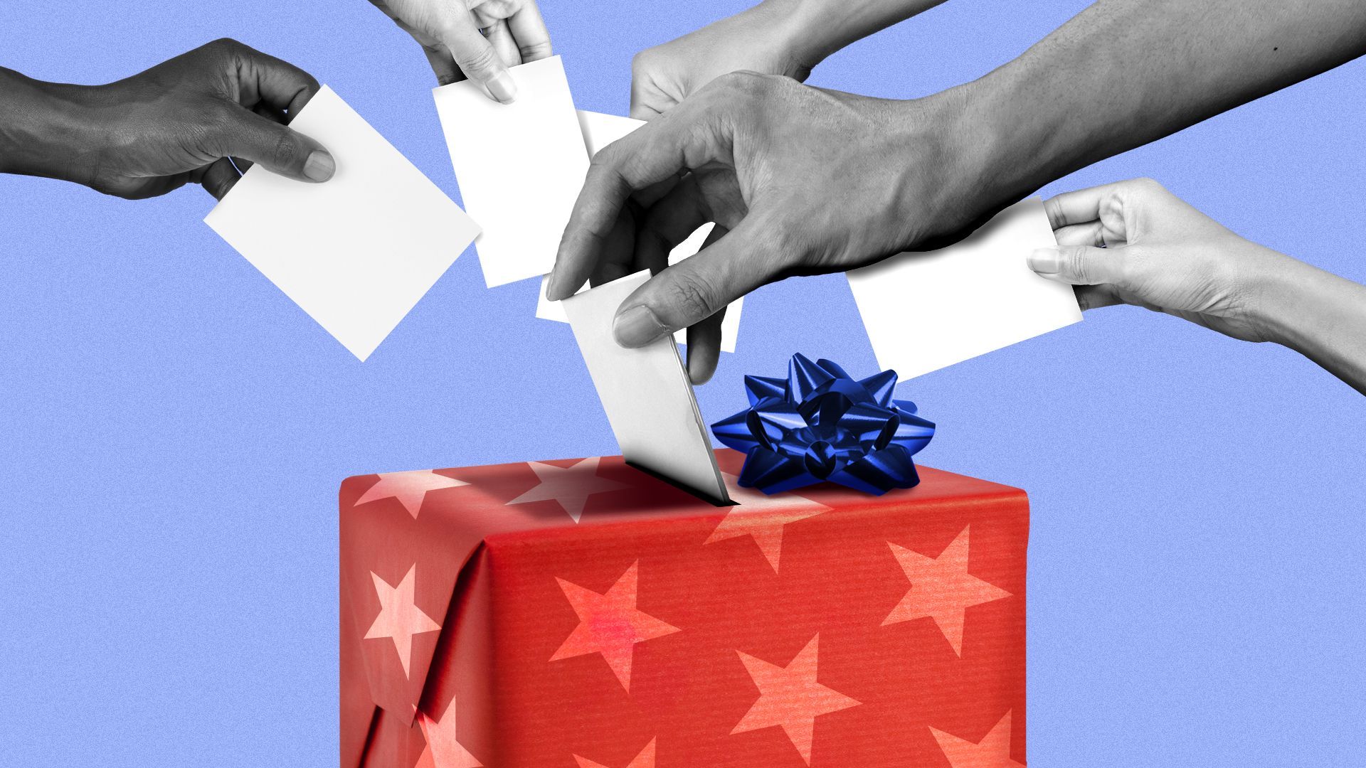 Illustration of various hands casting ballots into a gift box