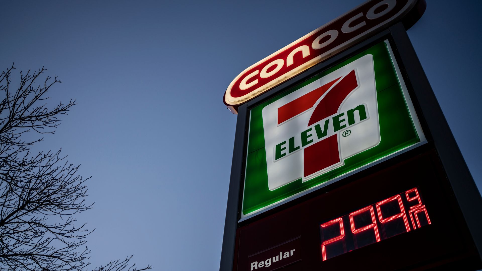 A Conoco gas station/7-eleven sign that advertises regular gas for 2.99, as seen from below at dusk