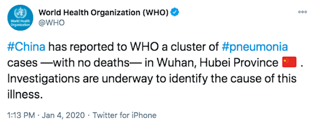 WHO tweet about pneumonia in Wuhan, January 2020