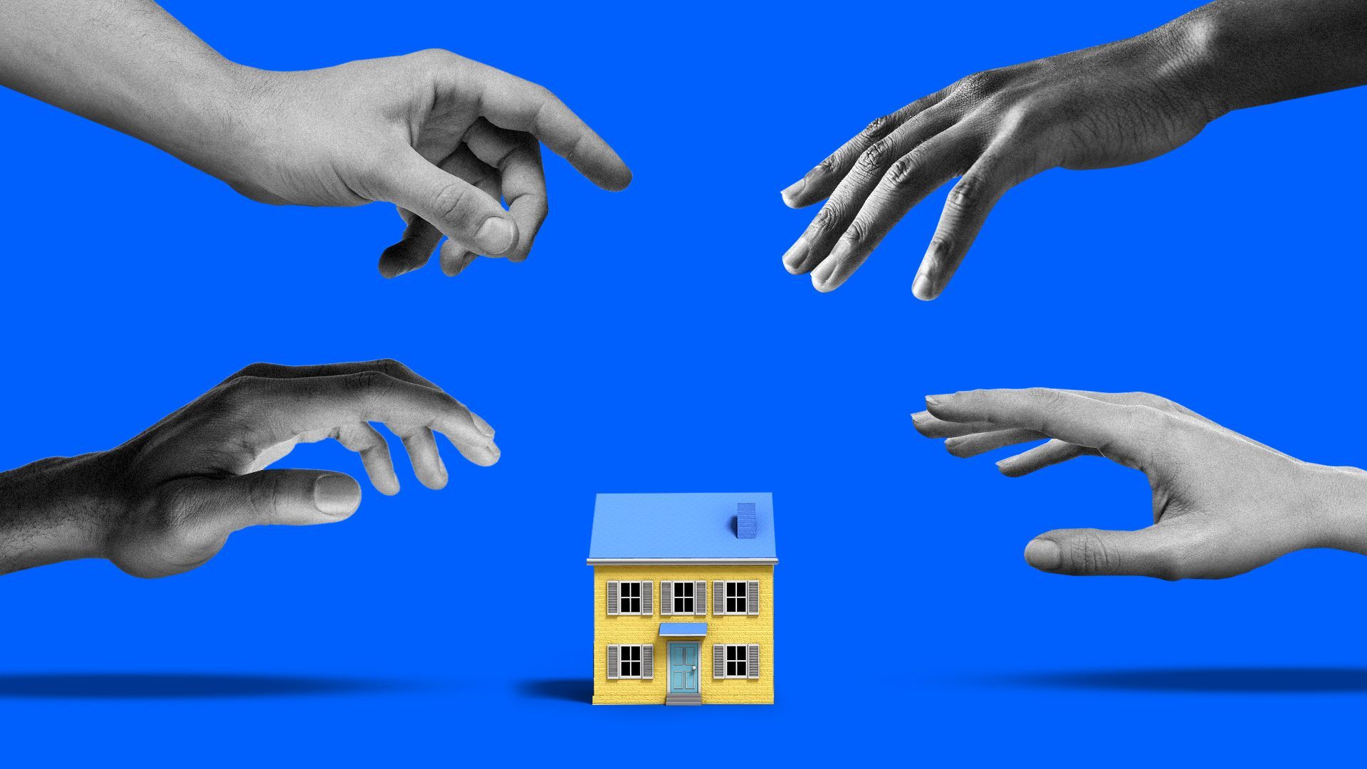 Illustration of a small house with different large hands all reaching out to grab it. 