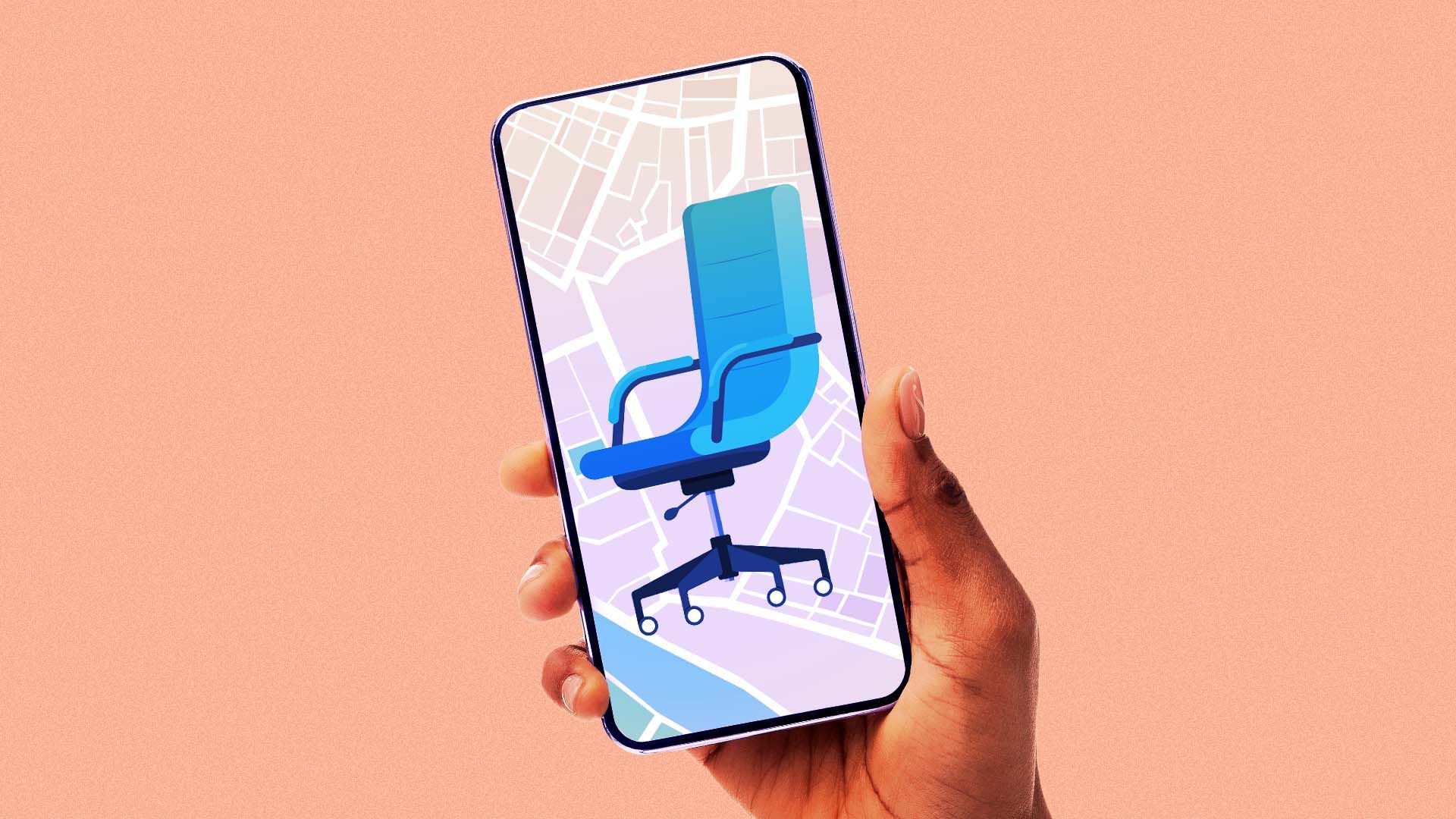Illustration of person holding a phone with an uber-like app with an office chair
