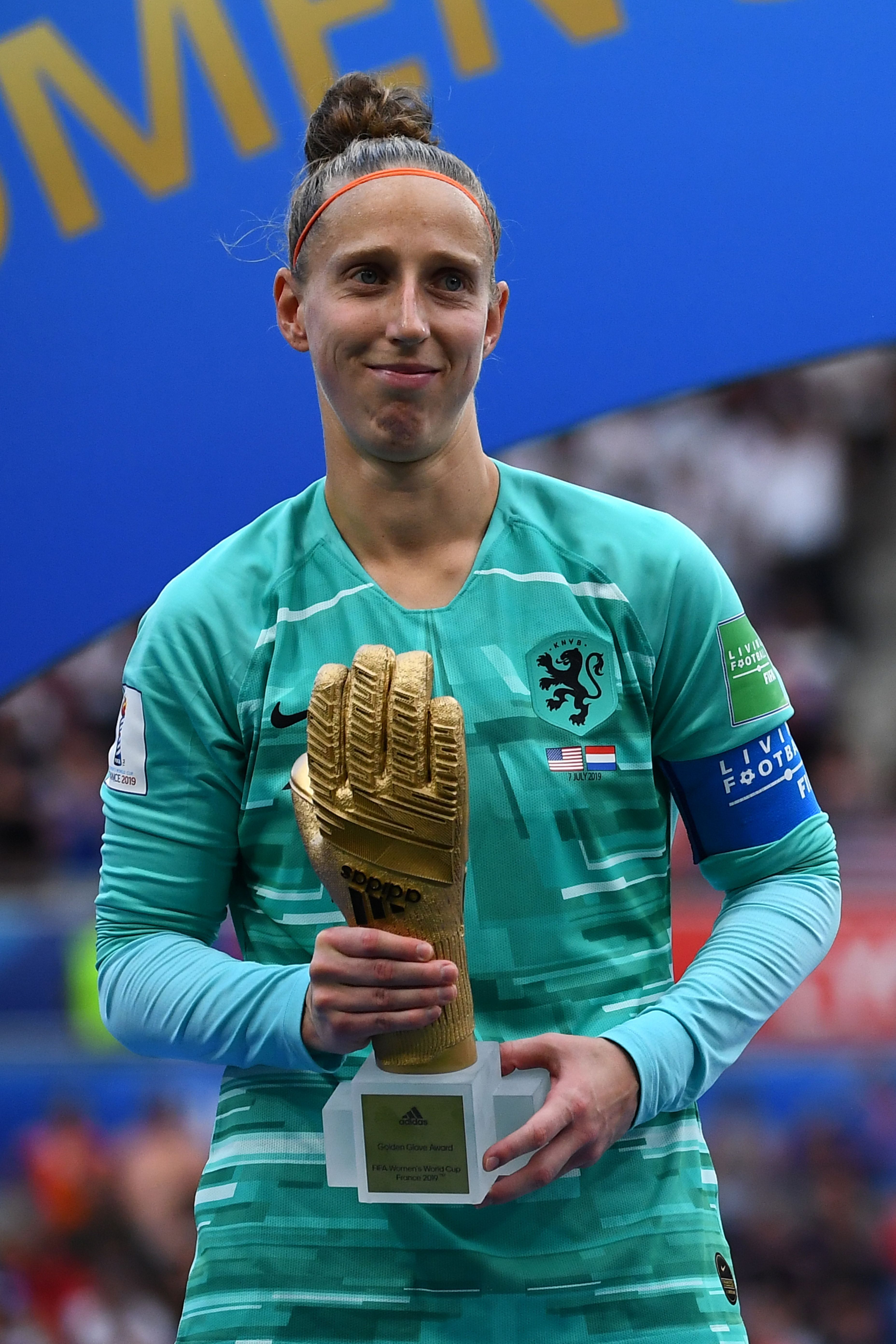 Golden Glove winner Netherlands' goalkeeper Sari van Veenendaal poses after the France 2019 Womens World Cup football final match between USA and the Netherlands, on July 7.