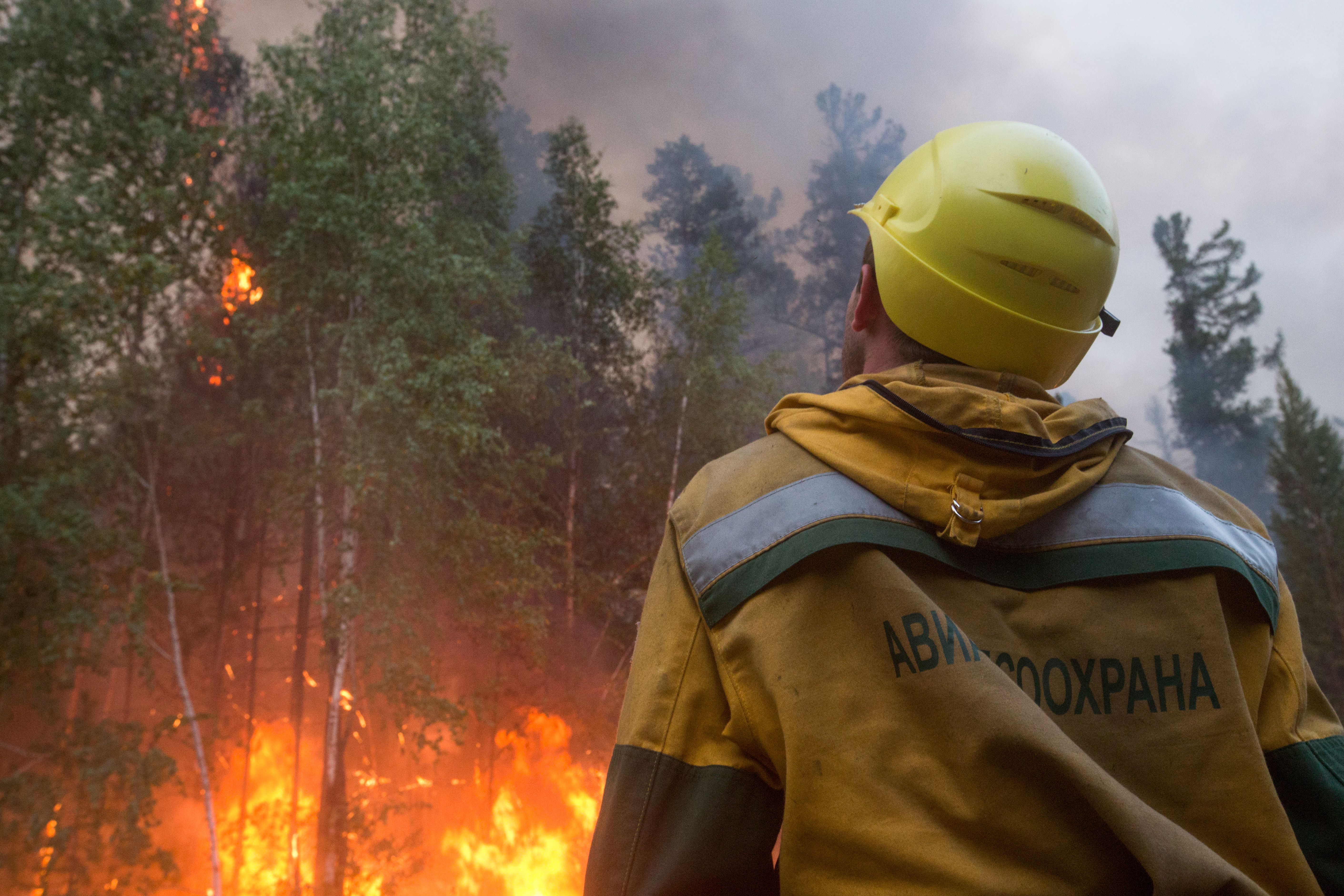 A firefighter battling a wildfire in Siberia, Russia, in August 2021.