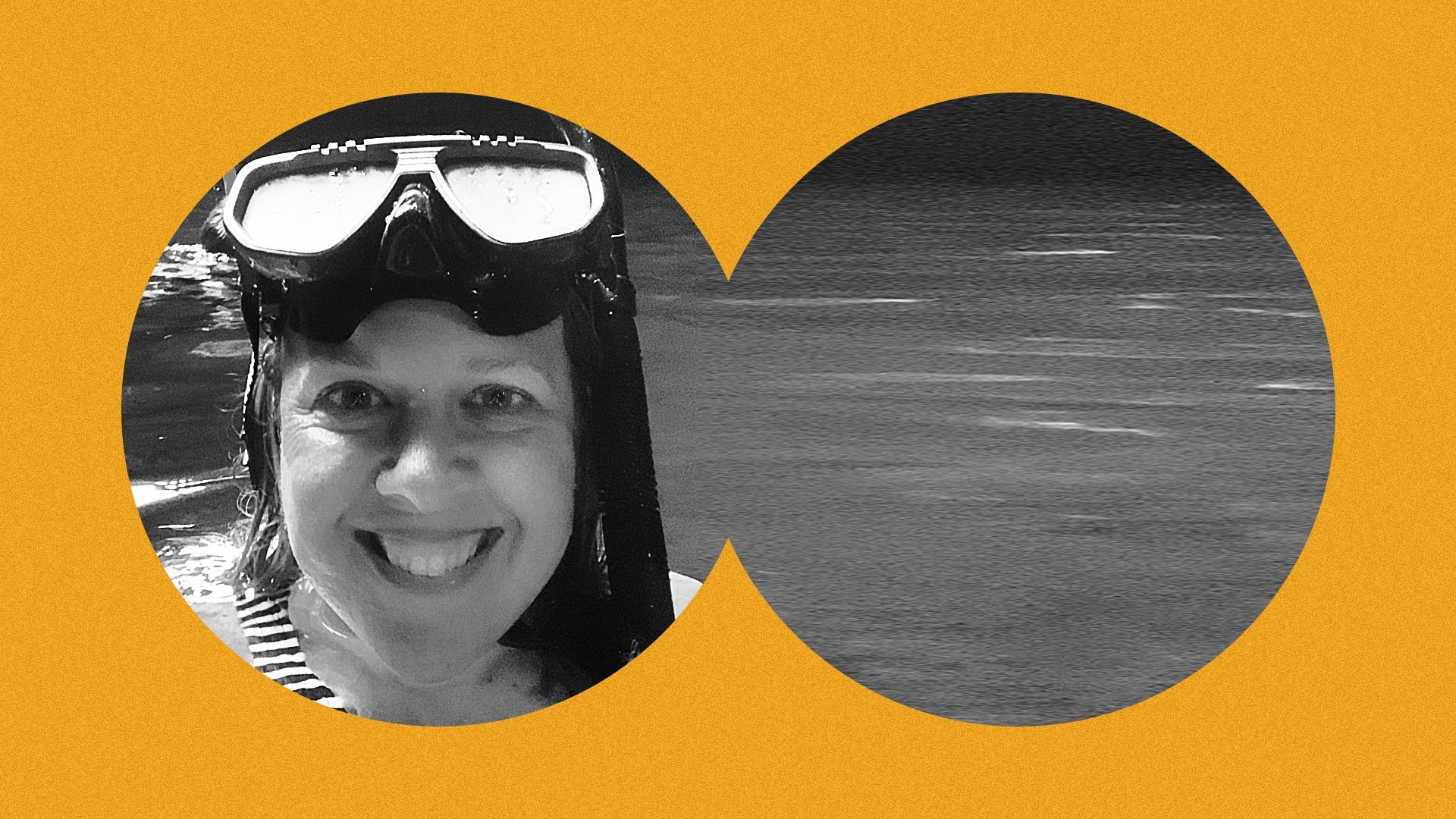 Photo illustration of a binocular view with Kristen Hare in it.