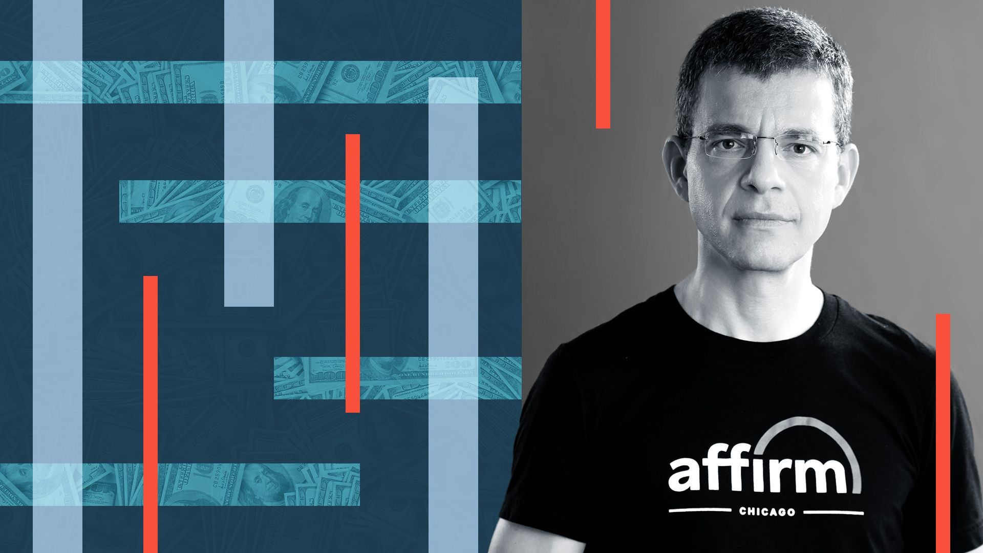 illustration of Affirm founder and CEO Max levchin surrounded by rectangles and cutouts of money