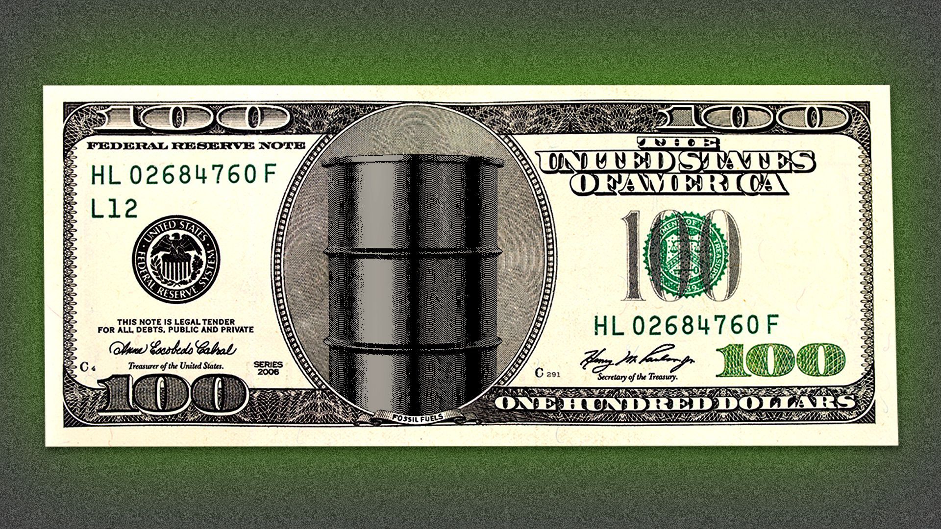 Illustration of a one hundred dollar bill with a barrel of oil in place of Franklin.