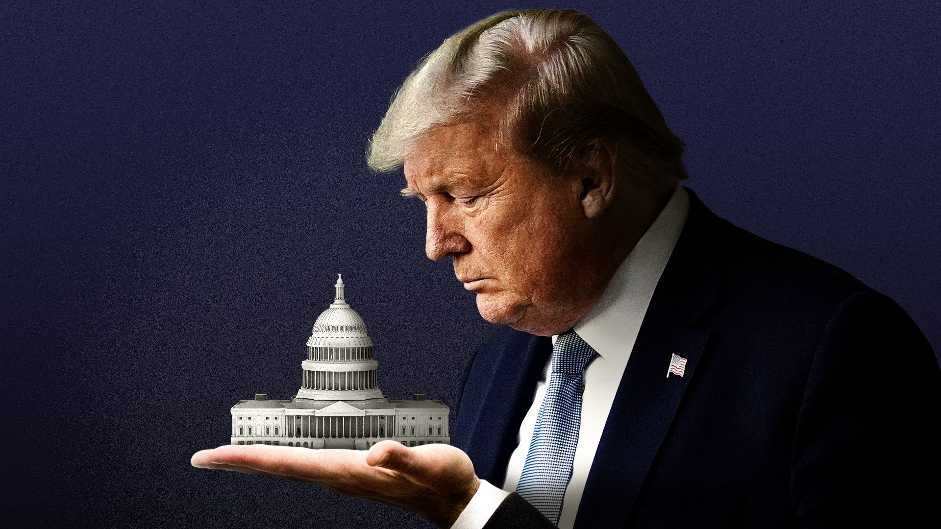 Photo illustration of Donald Trump holding the U.S. Capitol building.