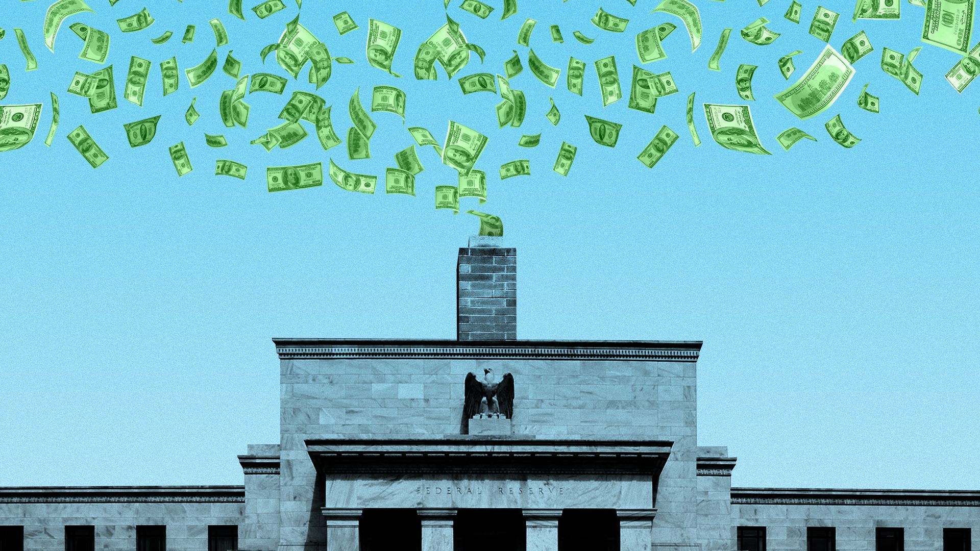 Illustration of the Fed with a chimney and tons of money coming out of the chimney.  